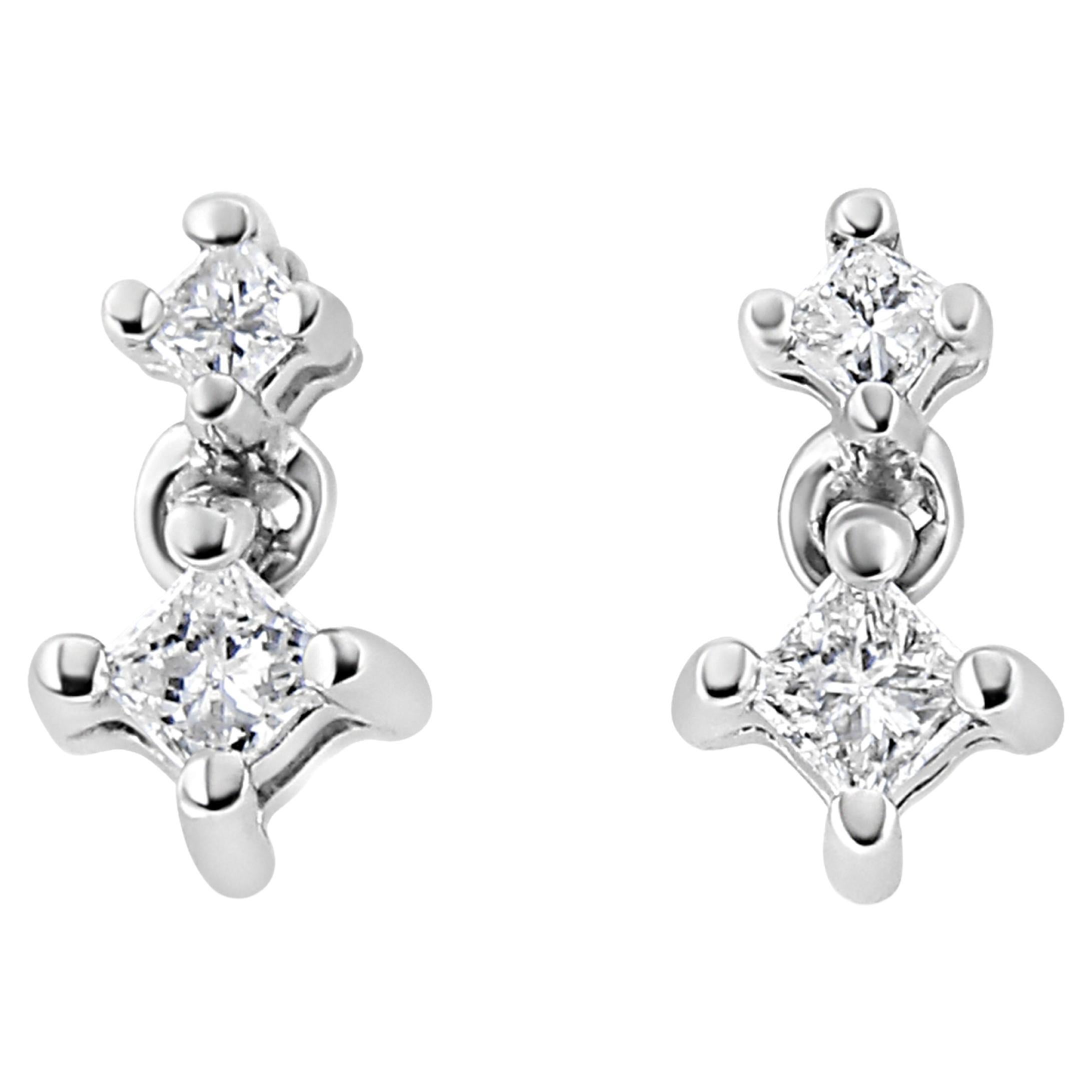 14K White Gold 1/4 Carat Princess-Cut Double Diamond Drop and Dangle Earrings For Sale
