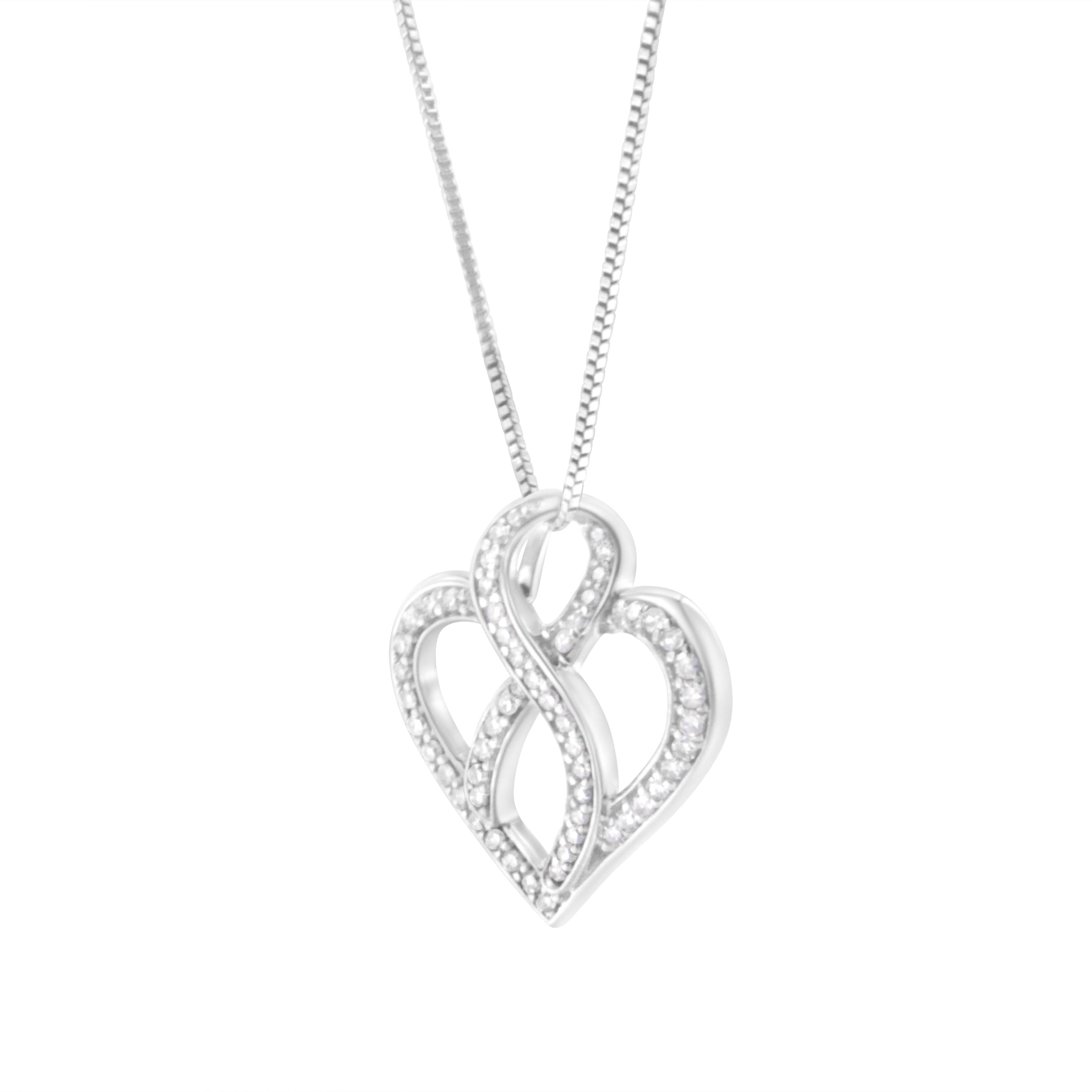 Round Cut 14K White Gold 1/4 Carat Round Diamond Heart and Ribbon Center Pendant Necklace For Sale