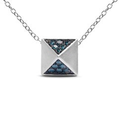 14K White Gold 1/4 Cttw Blue Diamond Matte Finished Pyramid Pendant Necklace
