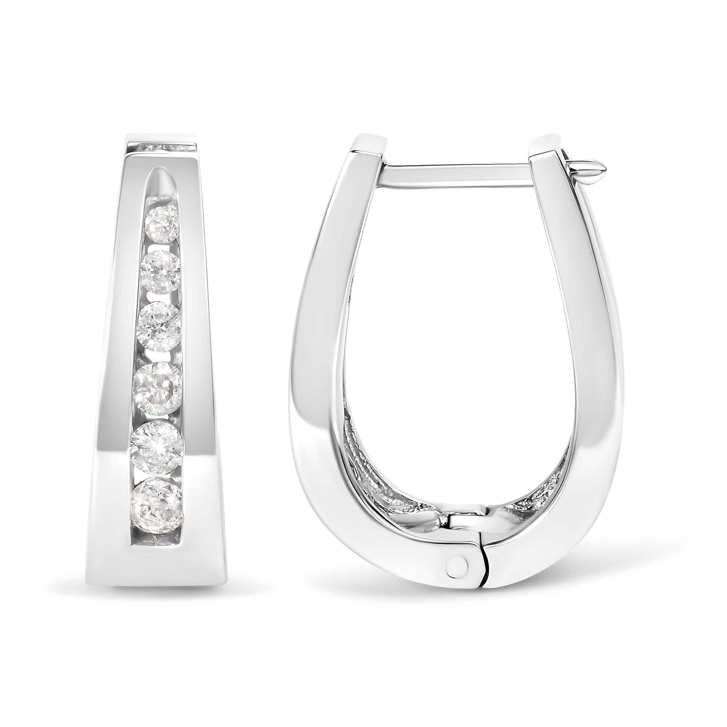 Modern 14K White Gold 1/4 Cttw Channel-Set Brilliant Round-Cut Diamond Hoop Earrings For Sale