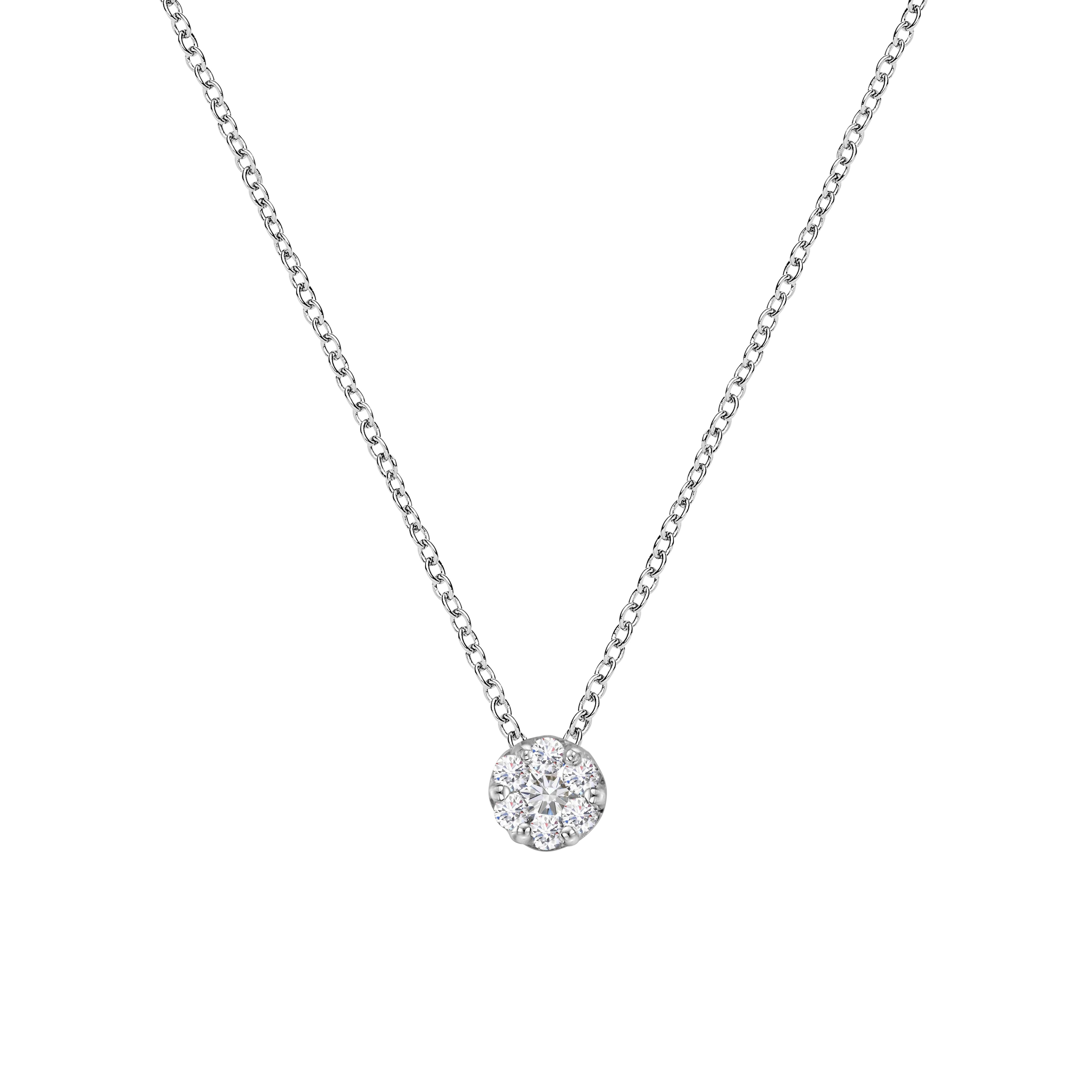Una semplice catena rolo funge da sfondo perfetto per mostrare questo classico ciondolo a grappolo di diamanti. Realizzato in oro bianco 14 carati, questo modello presenta 1/4ct TDW di diamanti a taglio rotondo. I diamanti sono disposti in un