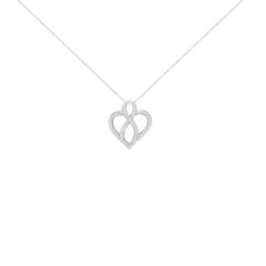 14k White Gold 1/4 Cttw Round Diamond Heart and Ribbon Center Pendant Necklace