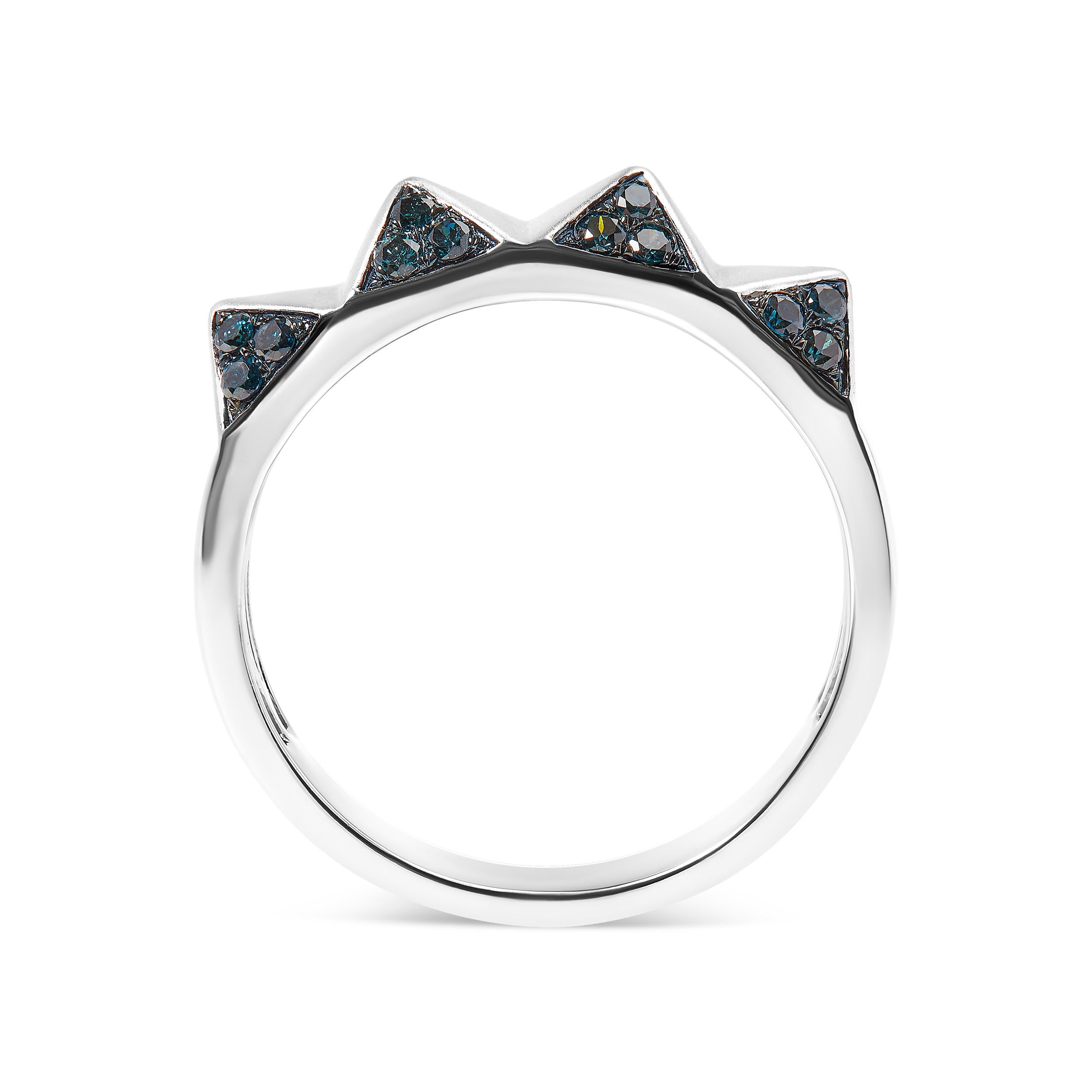 Indulge in the splendor of elegance with our 14K white gold band, where contemporary design meets timeless grace. Each meticulously crafted triangle in this pyramid band is adorned with natural diamonds, treated to reveal a breathtaking blue allure.