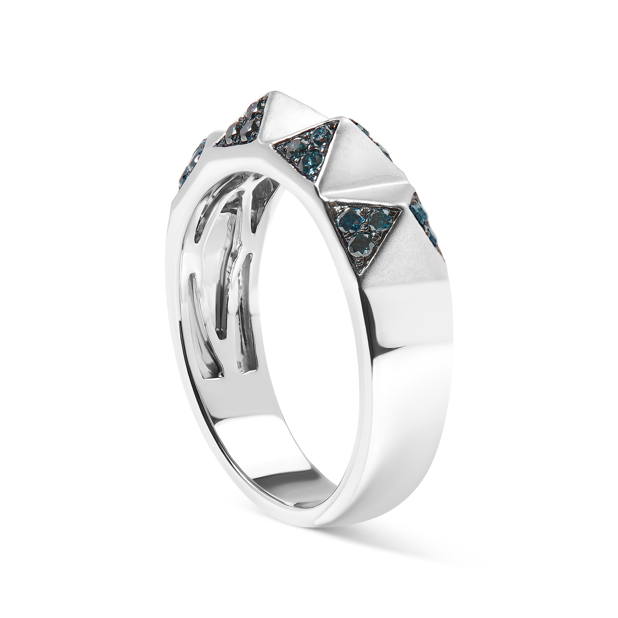 Modern 14K White Gold 1/4 Cttw Treated Blue Diamond Pyramid Band Ring For Sale