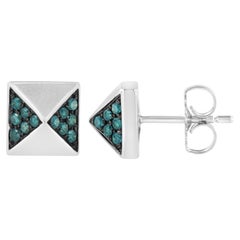 14K White Gold 1/4 Cttw Treated Blue Diamond Pyramid Stud Earring