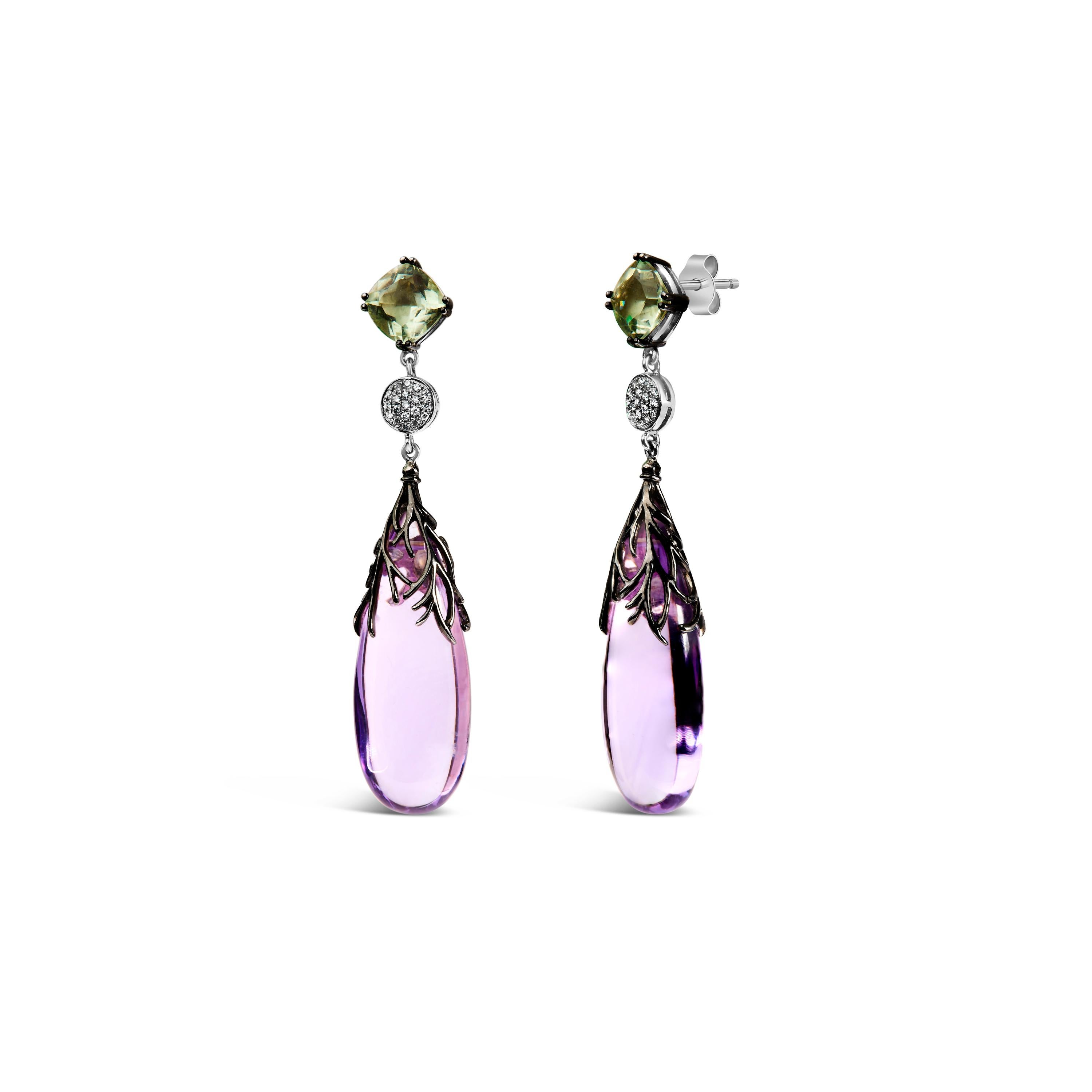 Moderno Orecchini a goccia in oro bianco 14K con 1/4 di diamante, ametista viola e quarzo verde in vendita