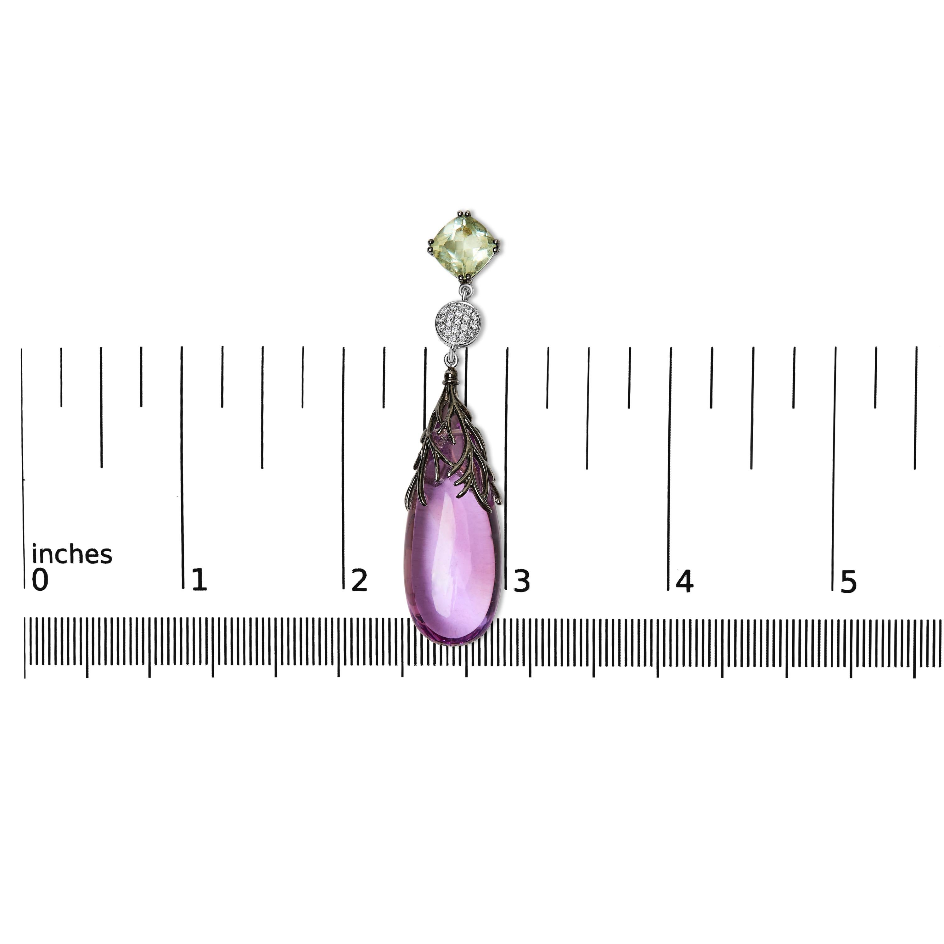 Taglio rotondo Orecchini a goccia in oro bianco 14K con 1/4 di diamante, ametista viola e quarzo verde in vendita