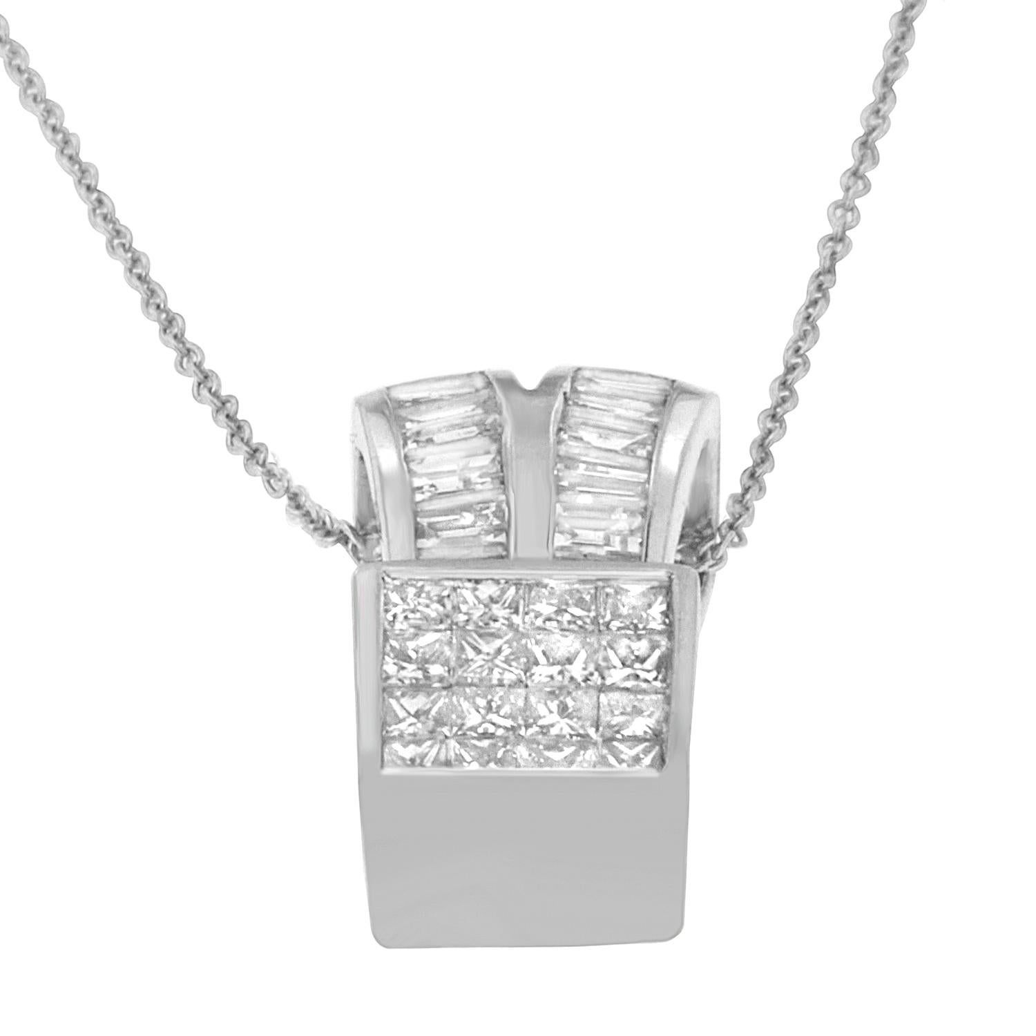 Celebrate her birthday, anniversary or your love of her every day with this gorgeous pendant. Princess cut diamonds bound by 14k white gold are crowned with channel set baguettes in a perfect double loop. This beautiful necklace includes 18” box