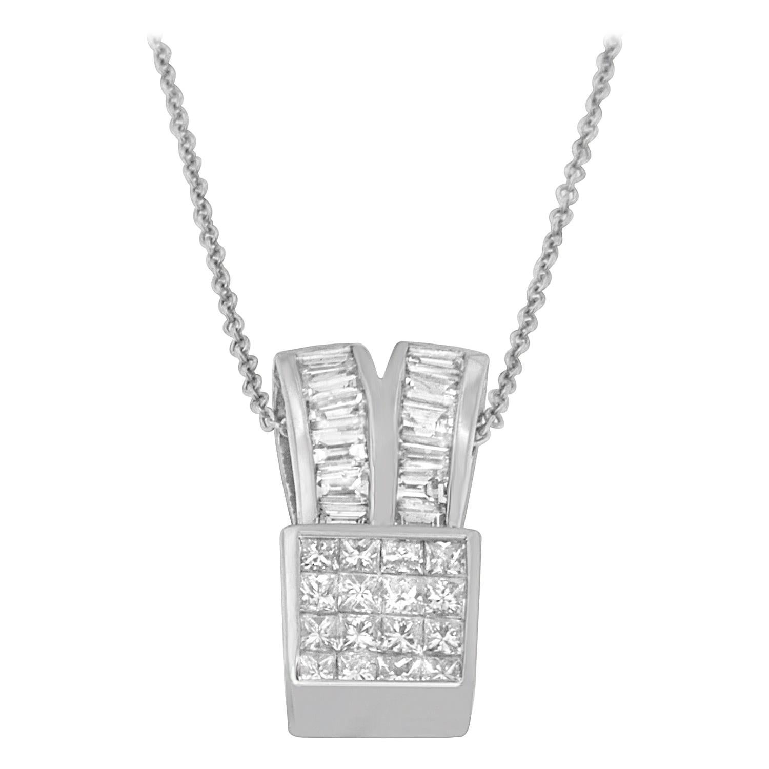 14K White Gold 1 5/8 Carat Diamond Heart Ribbon Pendant Necklace For Sale