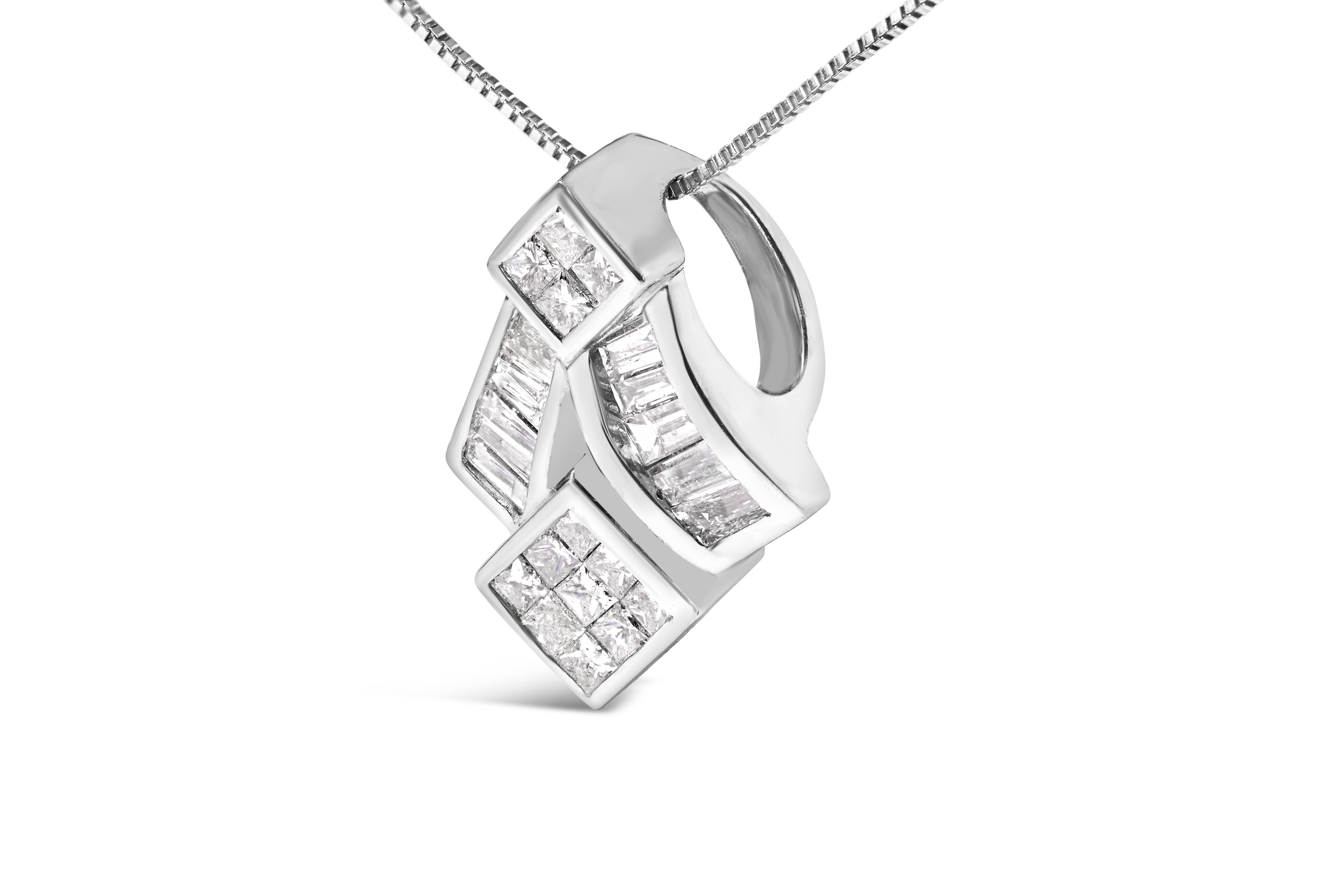 Baguette Cut 14k White Gold 1 5/8 Carat Princess-Cut Diamond Mixed Shape Pendant Necklace For Sale