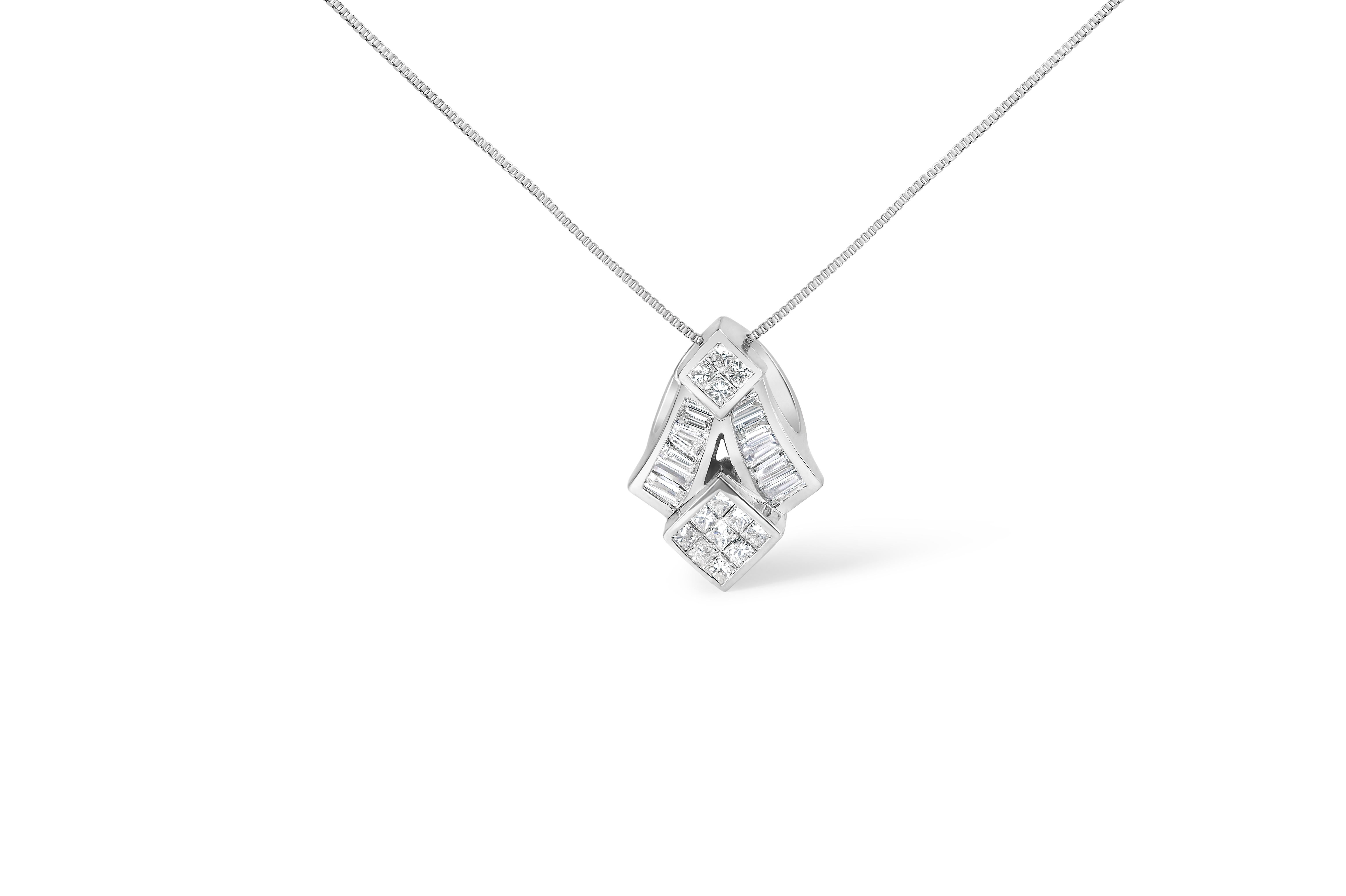 14k White Gold 1 5/8 Carat Princess-Cut Diamond Mixed Shape Pendant Necklace In New Condition For Sale In New York, NY