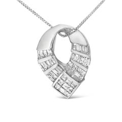 14k White Gold 1 5/8 Cttw Diamond Curved Oval Shape Pendant Necklace