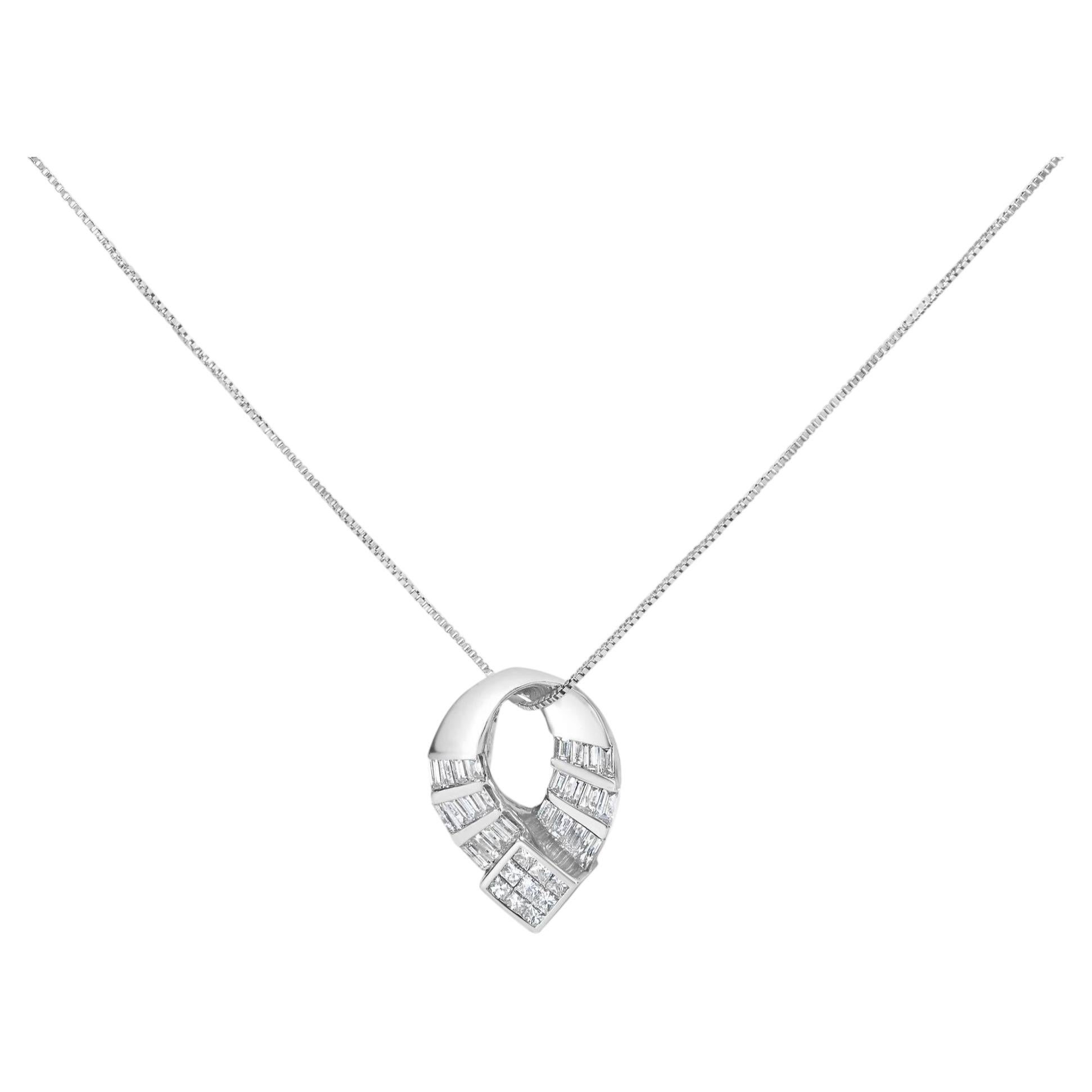 14k White Gold 1 5/8 Cttw Diamond Curved Oval Shape Pendant Necklace