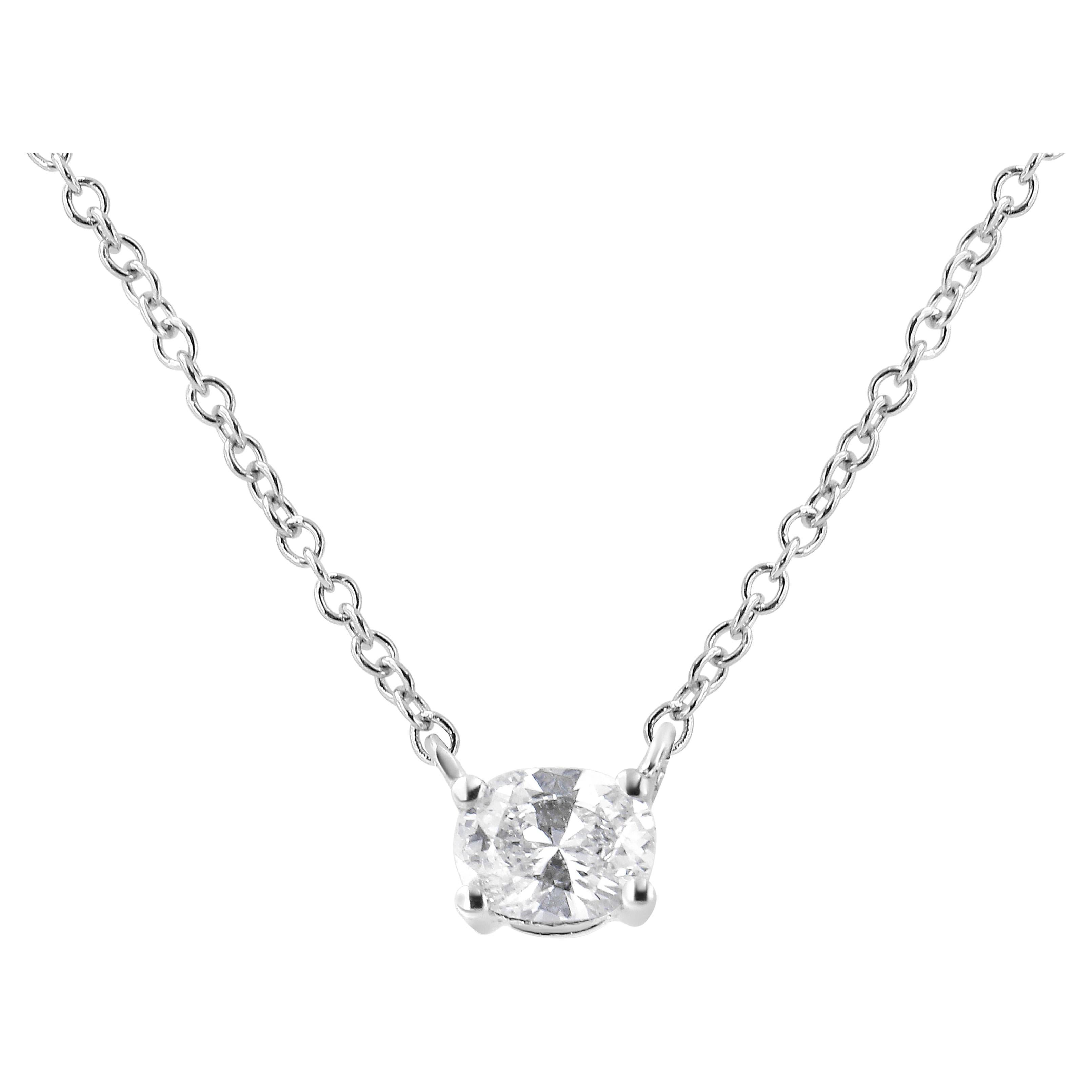 14K White Gold 1/5 Carat Oval Shape Solitaire Diamond East West Pendant Necklace For Sale