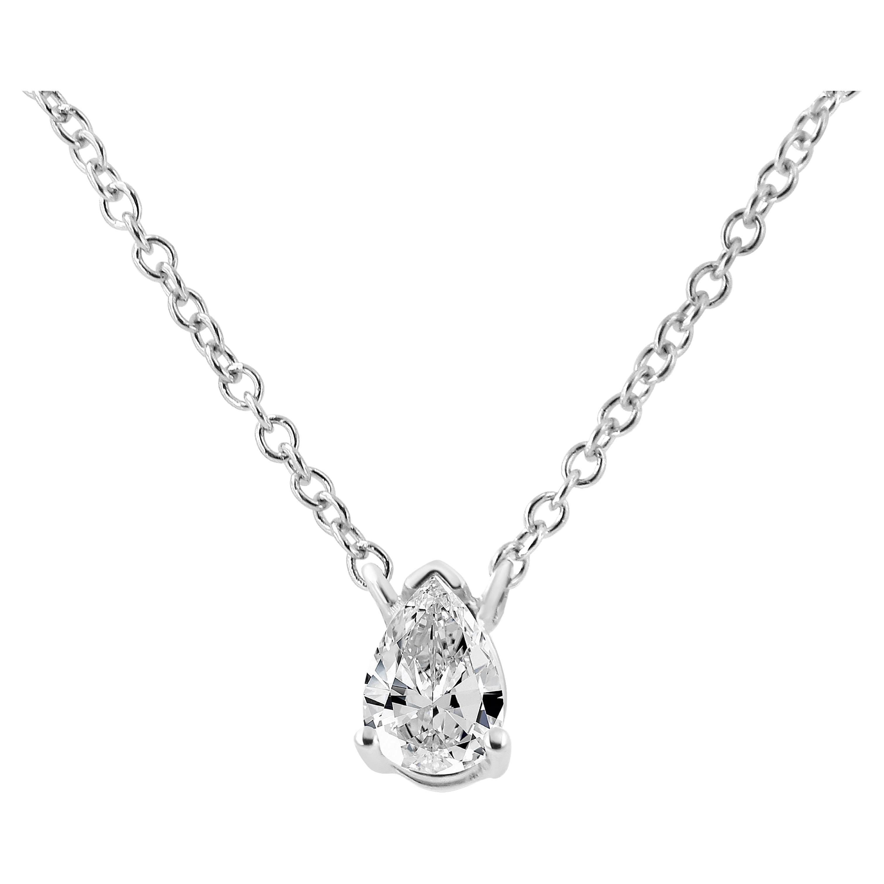 14K White Gold 1/5 Carat Pear Shape Solitaire Diamond 18" Pendant Necklace For Sale