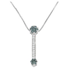 14K White Gold 1/5 Carat Treated Blue Round Cut Diamond Drop Pendant Necklace