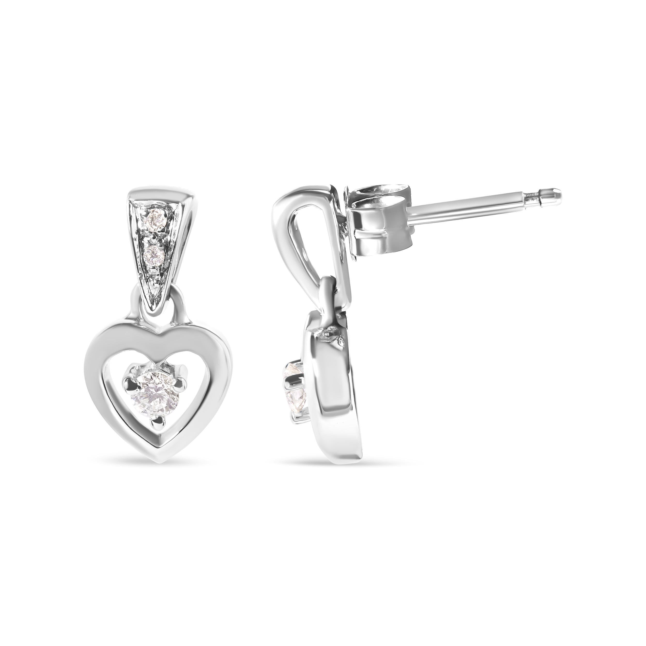 Modern 14K White Gold 1/6 Carat Diamond Dangle Heart Stud Earrings For Sale