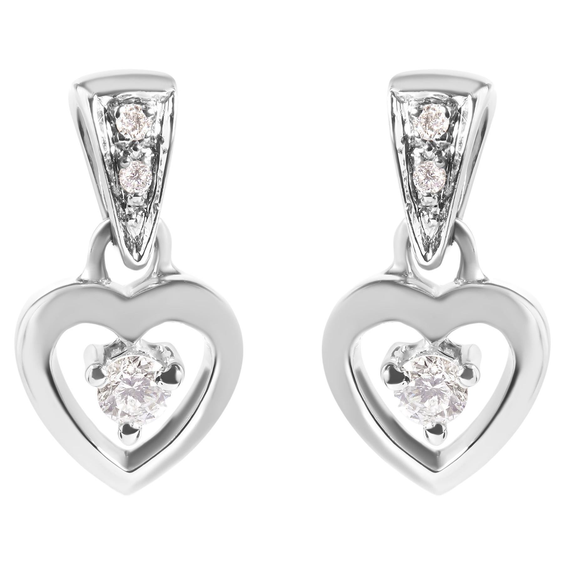 14K White Gold 1/6 Carat Diamond Dangle Heart Stud Earrings For Sale