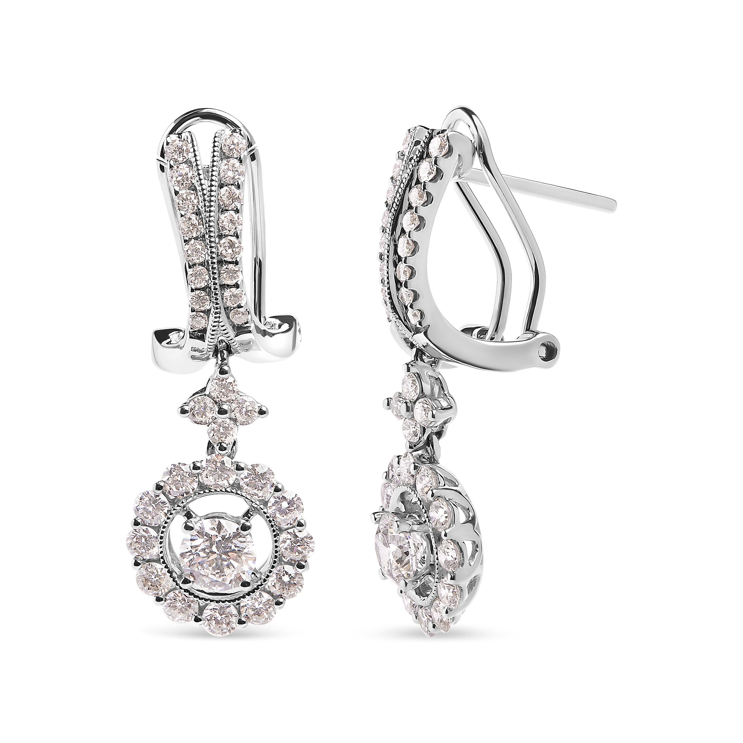 Modern 14K White Gold 1 7/8 Carat Diamond Drop and Dangle Halo Earring with Omega Back