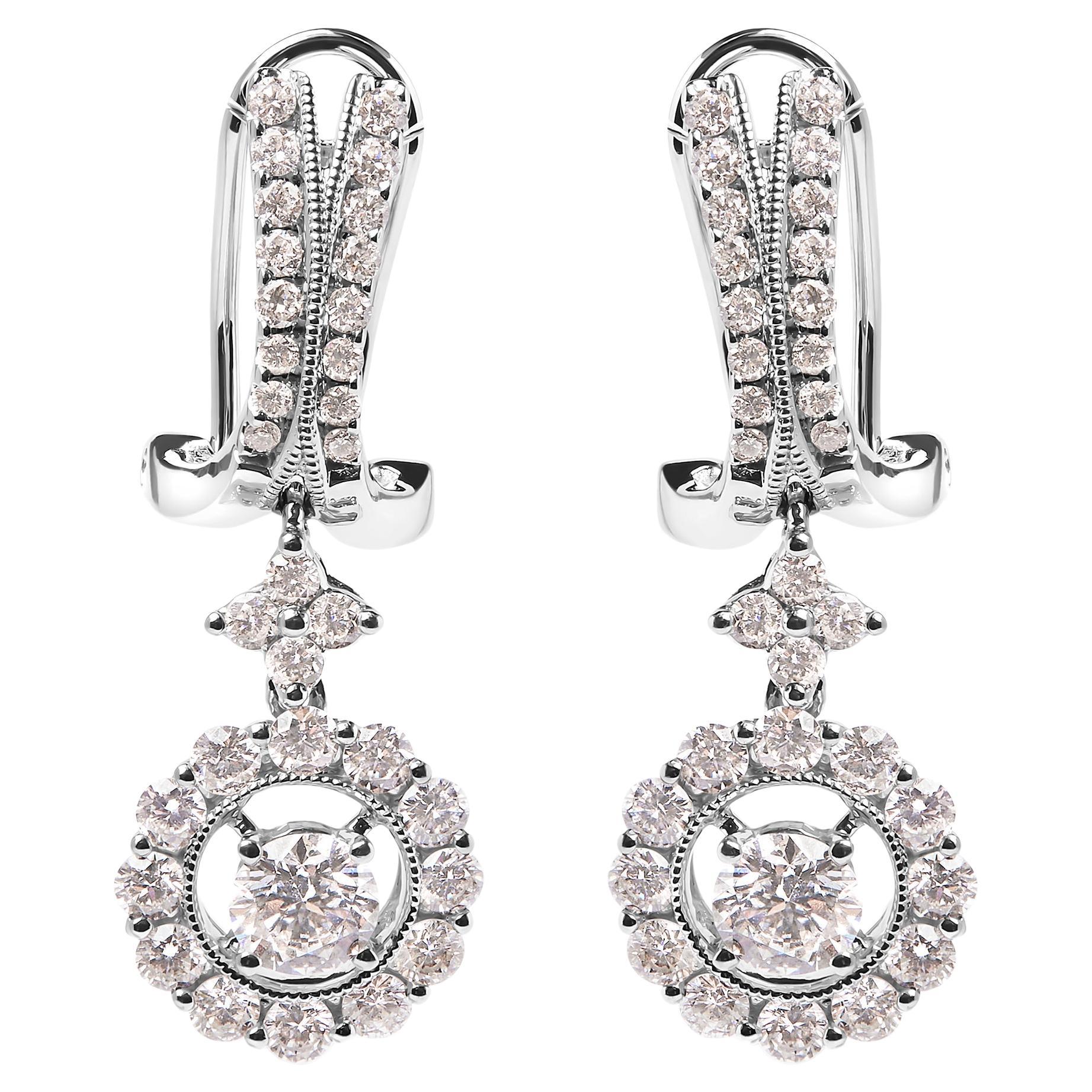 14K White Gold 1 7/8 Carat Diamond Drop and Dangle Halo Earring with Omega Back