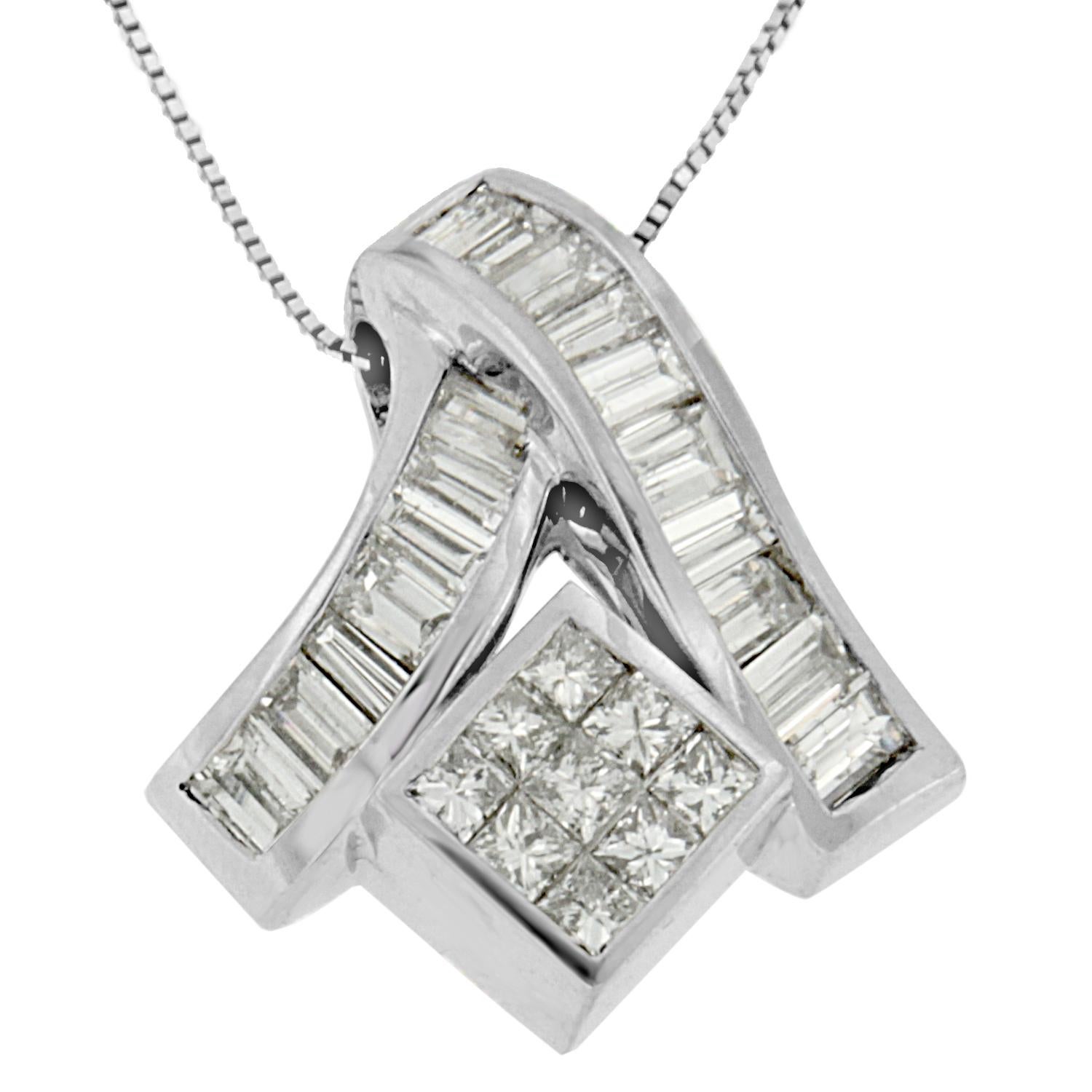 Subtle enough for daily wear but elegant enough for a night at the opera, this stunning 14k white gold pendant appears to defy gravity. A central square of 9 princess cut diamonds is held in place by two overlapping streamers of channel set diamond