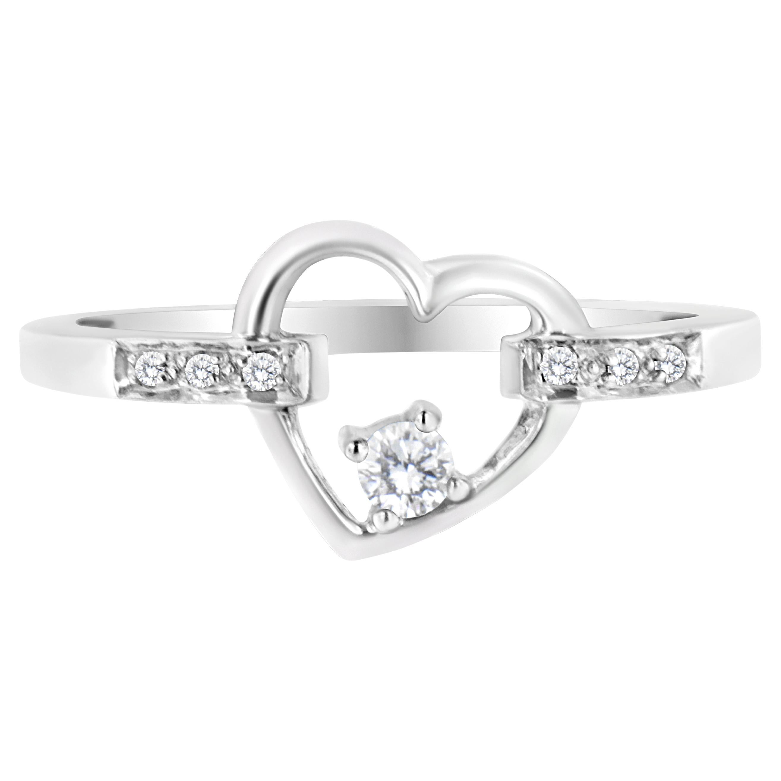 14K White Gold 1/8 Carat Channel Set Round-Cut Diamond Heart Ring For Sale