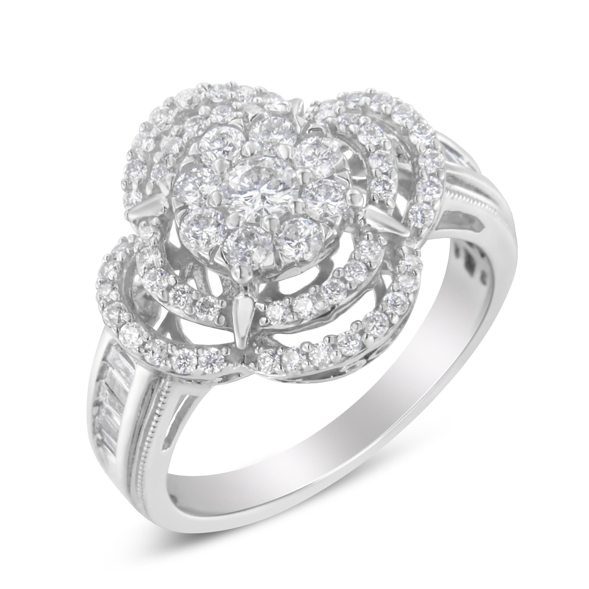 Elegant and everlasting, this ring bears a brilliant blossom that will never fade away. Perfect for the one you love, this 14K white gold style features a flower-shaped center cluster of glistening round diamonds. A row of shimmering baguette