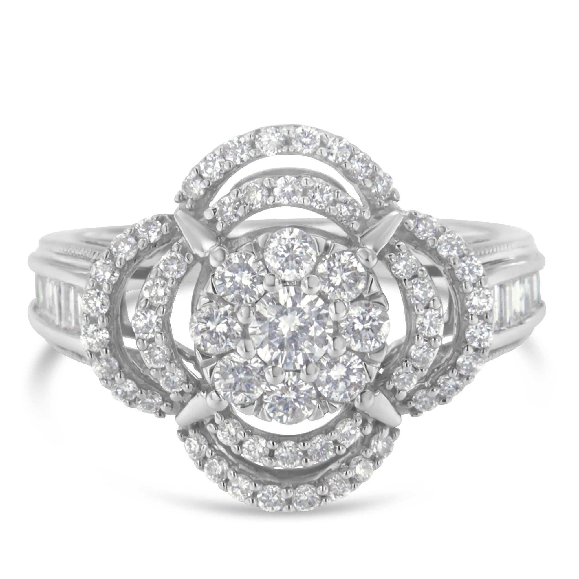 Contemporary 14K White Gold 1 Carat Round and Baguette Diamond Floral Cluster Ring For Sale