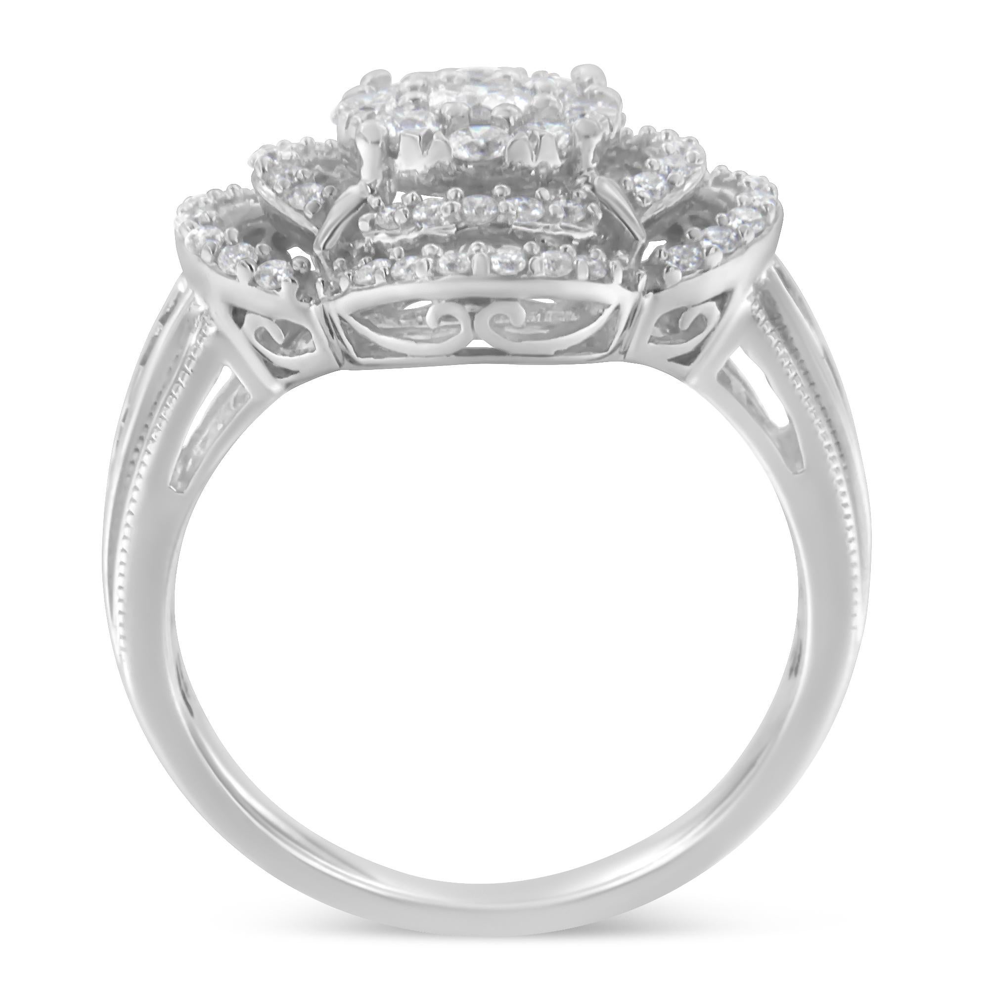 Round Cut 14K White Gold 1 Carat Round and Baguette Diamond Floral Cluster Ring For Sale