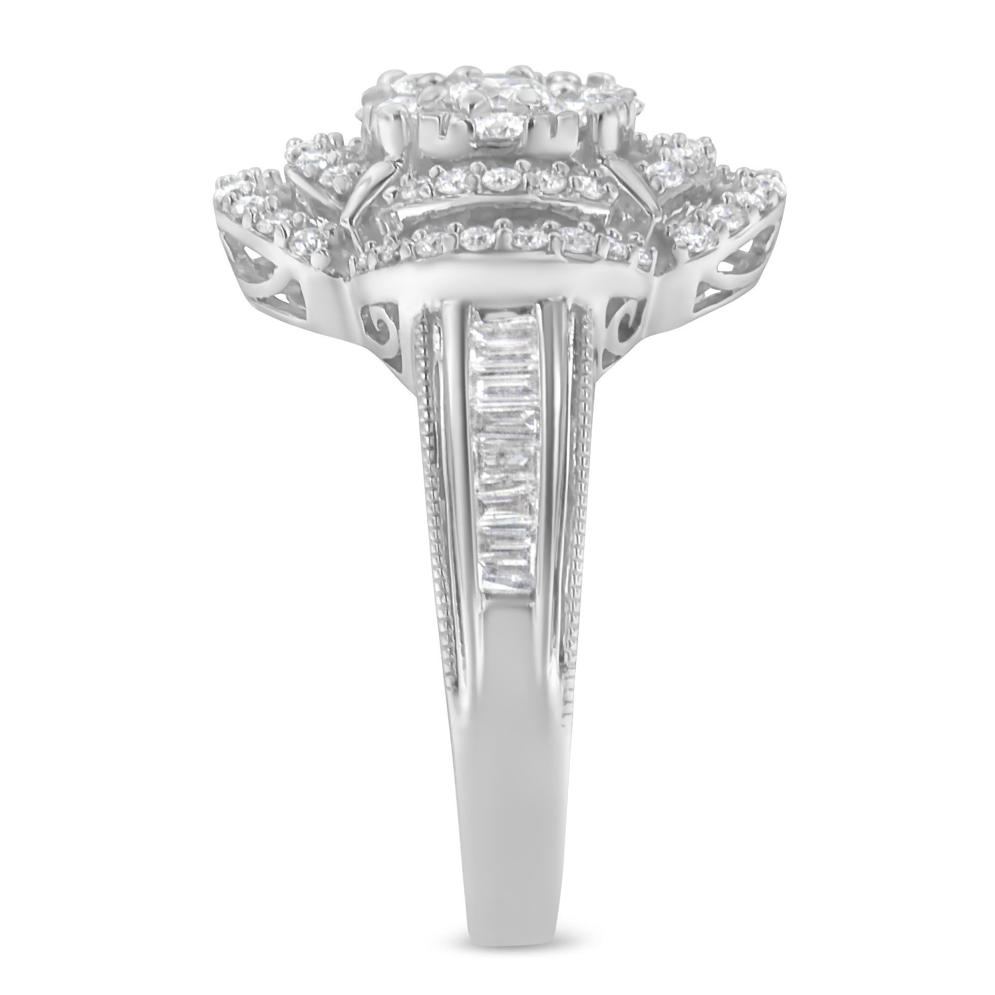 14K White Gold 1 Carat Round and Baguette Diamond Floral Cluster Ring In New Condition For Sale In New York, NY