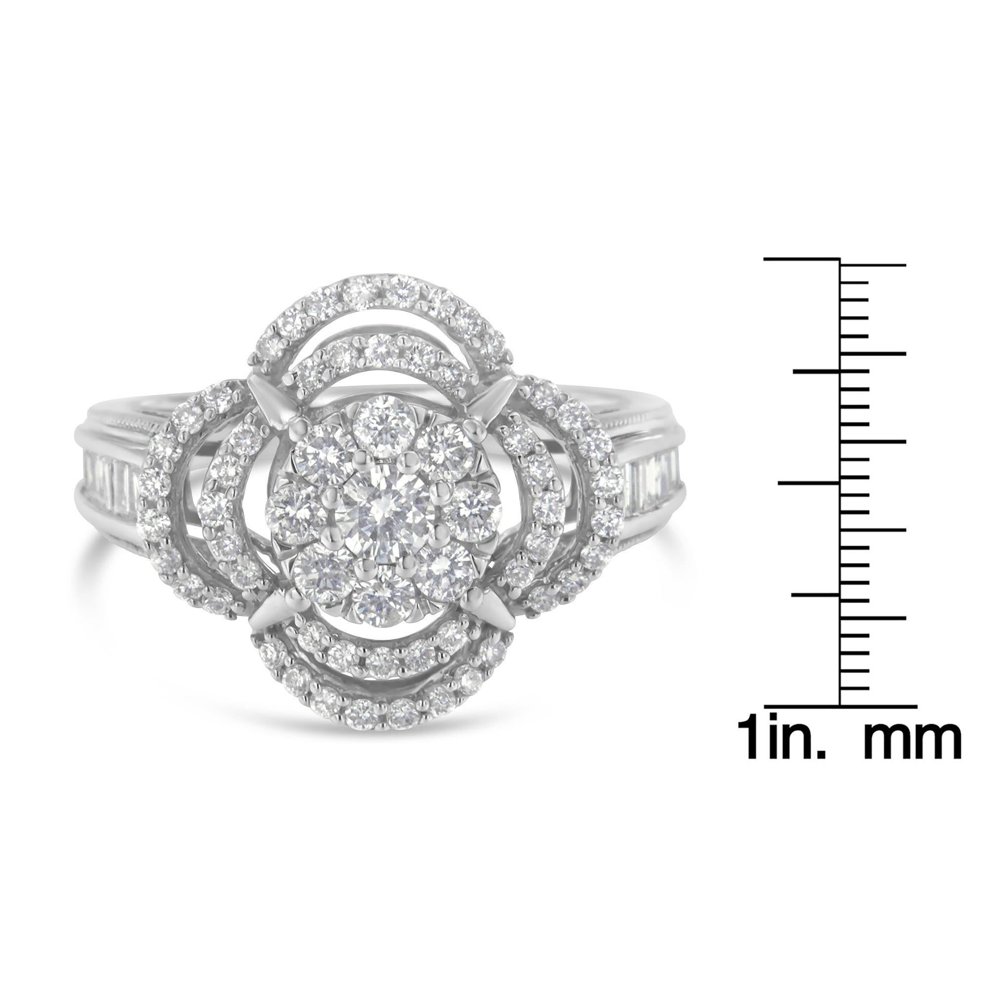 14K White Gold 1 Carat Round and Baguette Diamond Floral Cluster Ring For Sale 1