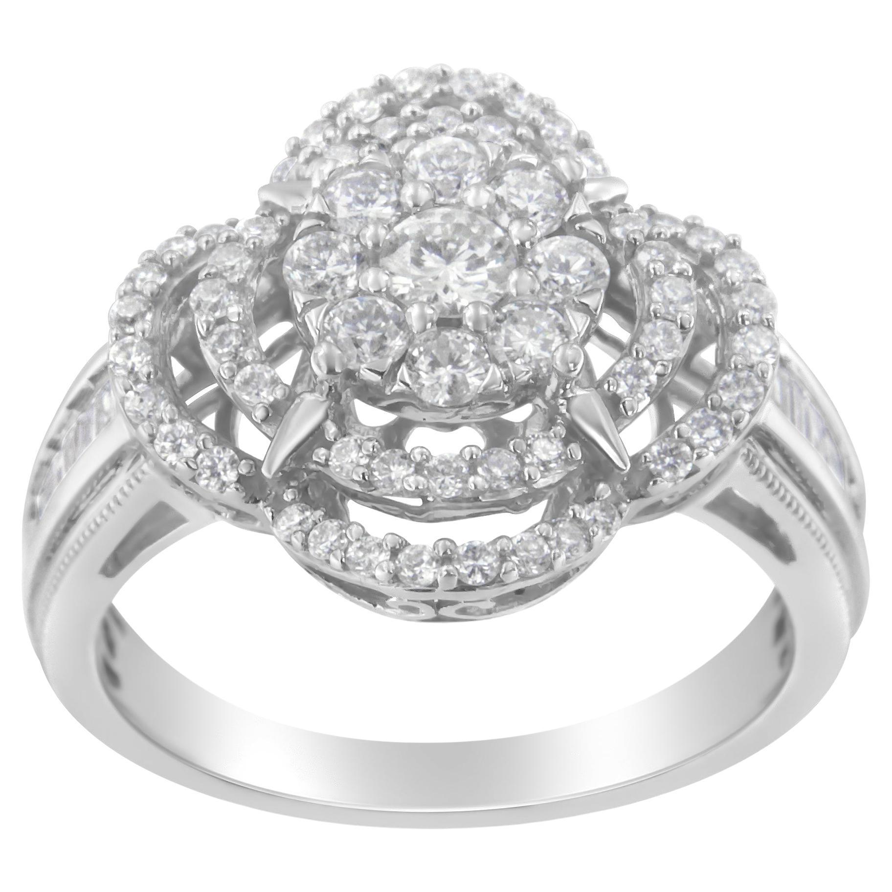14K White Gold 1 Carat Round and Baguette Diamond Floral Cluster Ring For Sale