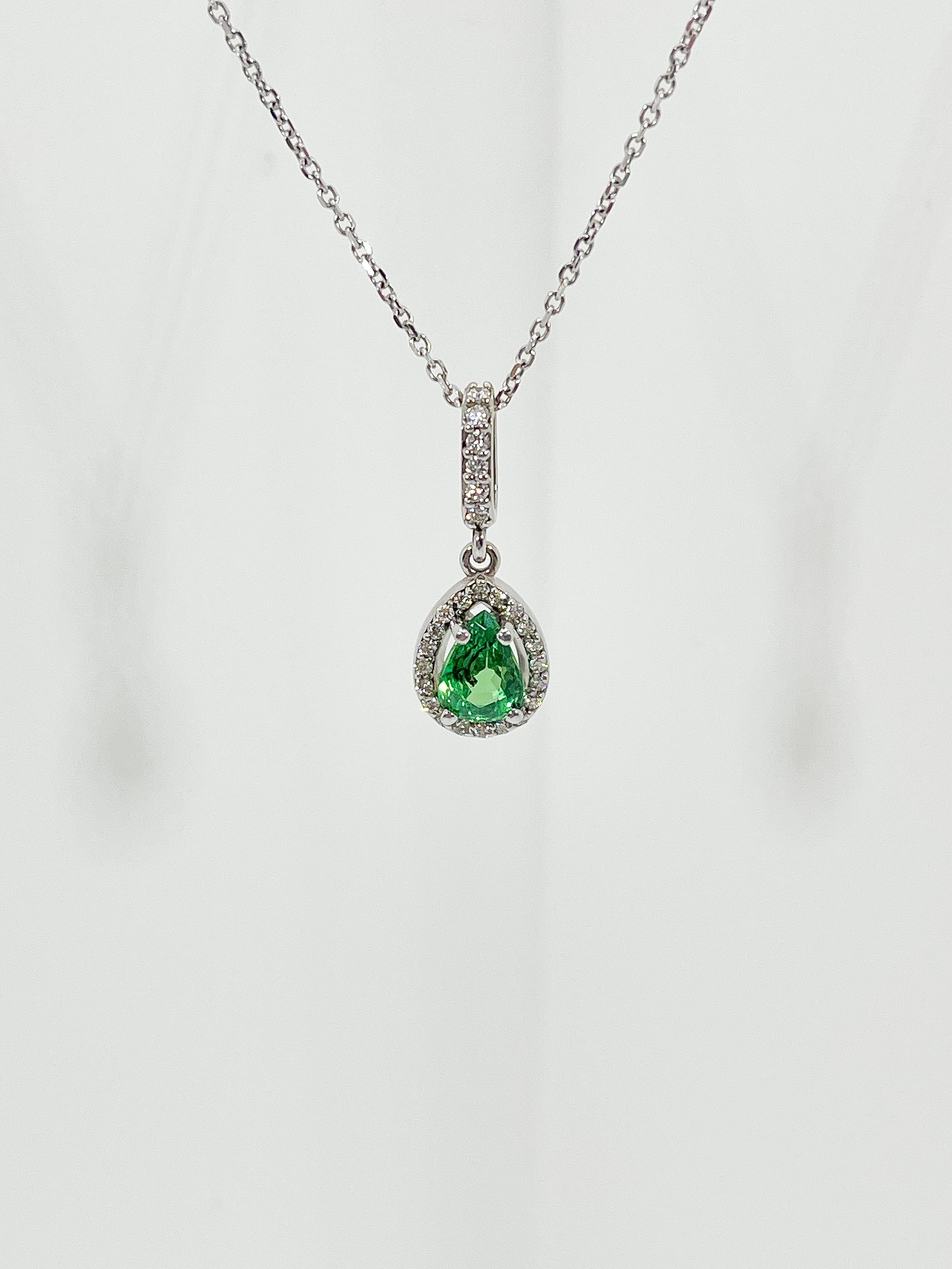 Pear Cut 14K White Gold 1 CT Pear Tsavorite and Diamond Halo Necklace For Sale