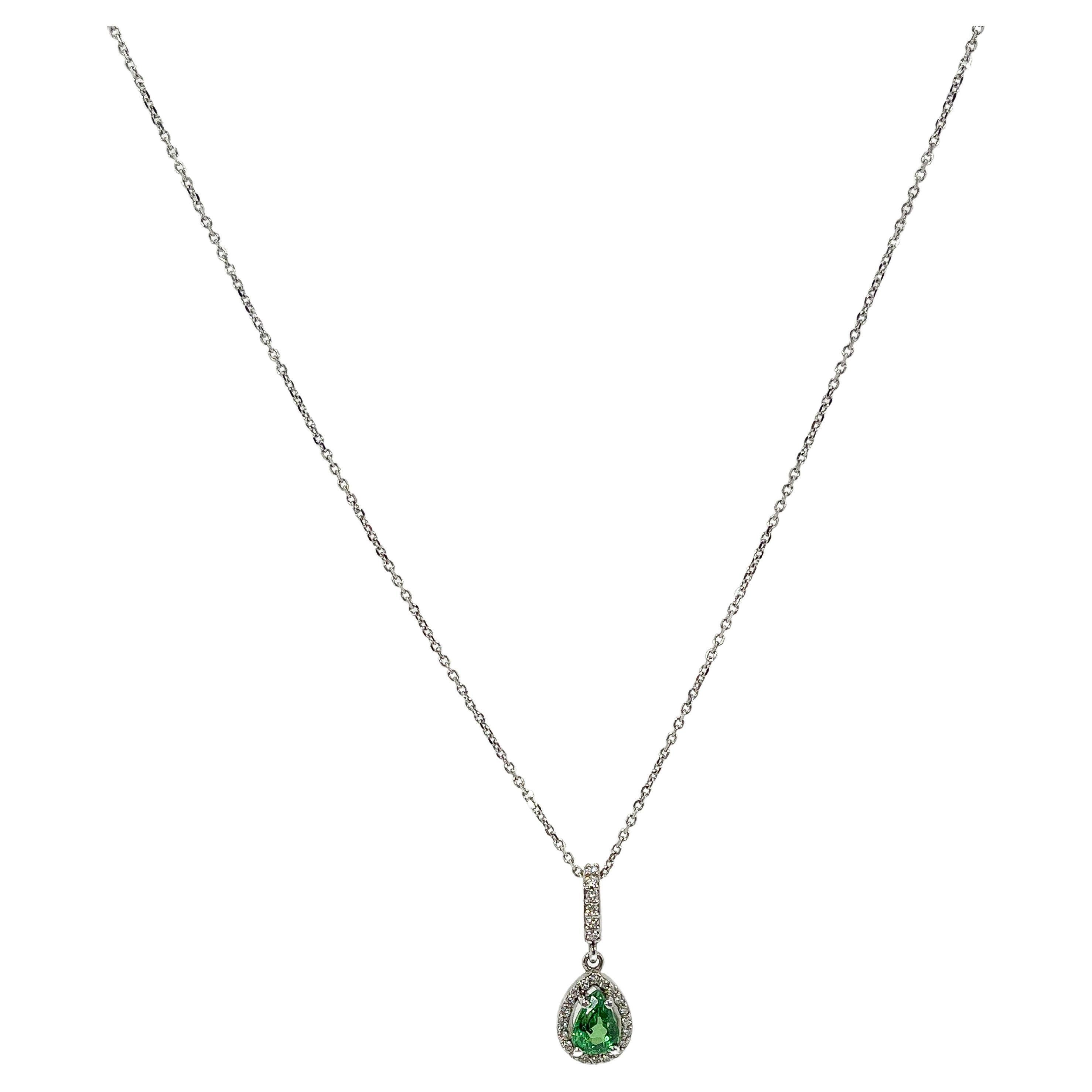 14K White Gold 1 CT Pear Tsavorite and Diamond Halo Necklace For Sale