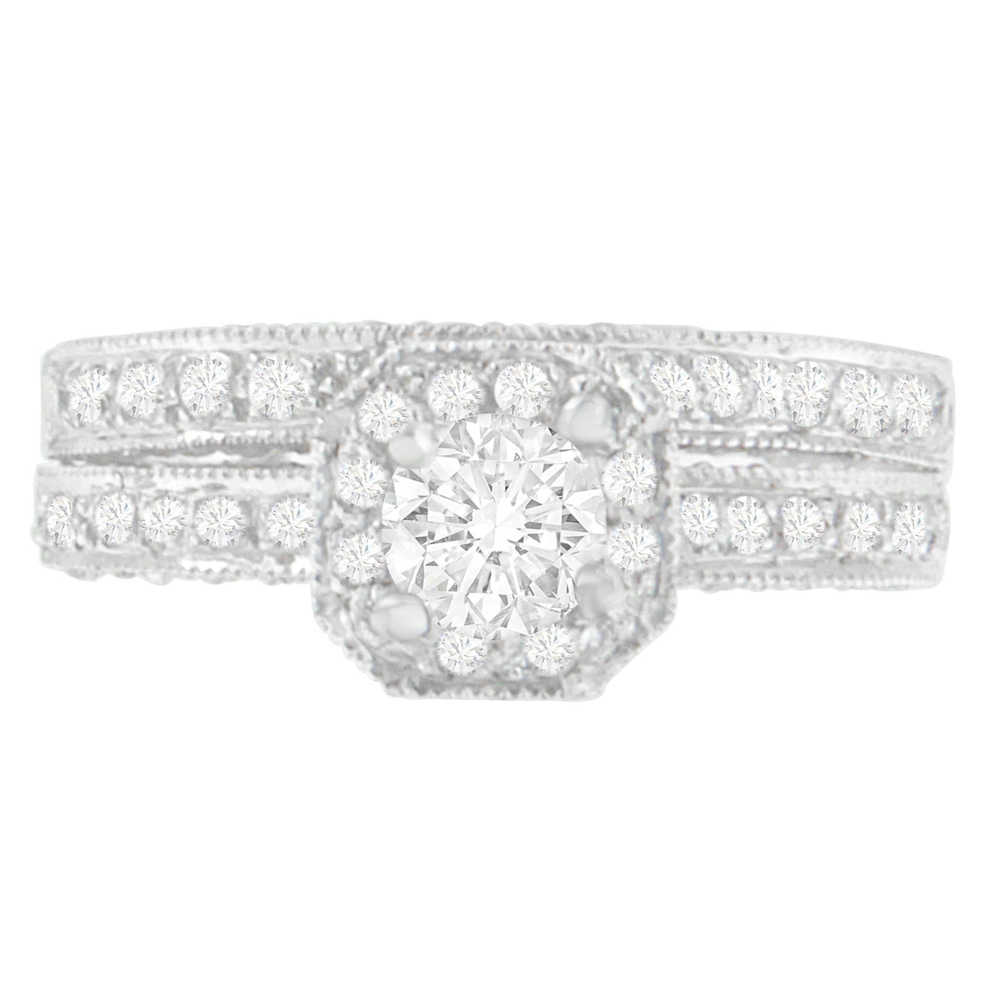 Moderne Or blanc 14K 1 ct. Bague à diamant rond TDW (G-H, I1-I2) en vente