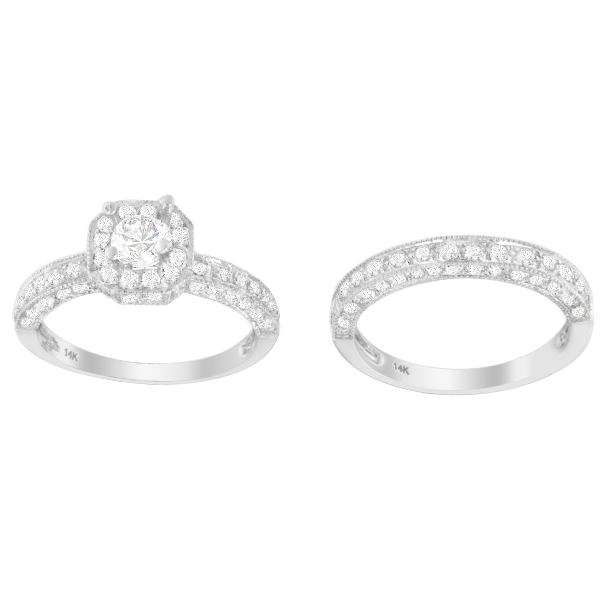 Taille ronde Or blanc 14K 1 ct. Bague à diamant rond TDW (G-H, I1-I2) en vente