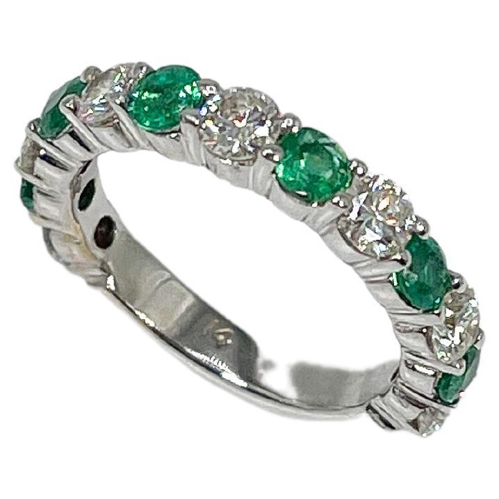 14K White Gold 1 CTW Diamond and 1 CTW Emerald Anniversary Band For Sale