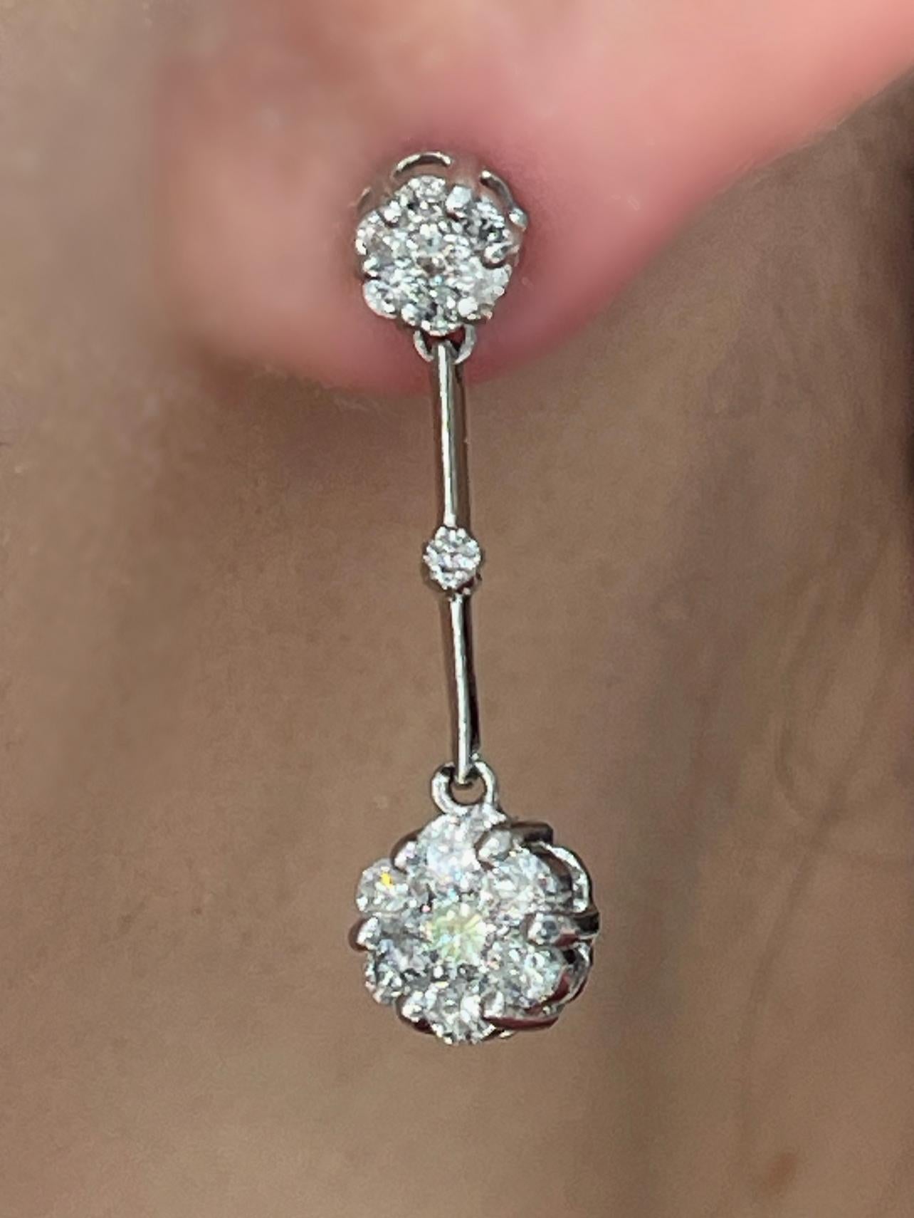 Women's 14K White Gold 1 CTW Diamond Drop Cluster Earrings  For Sale