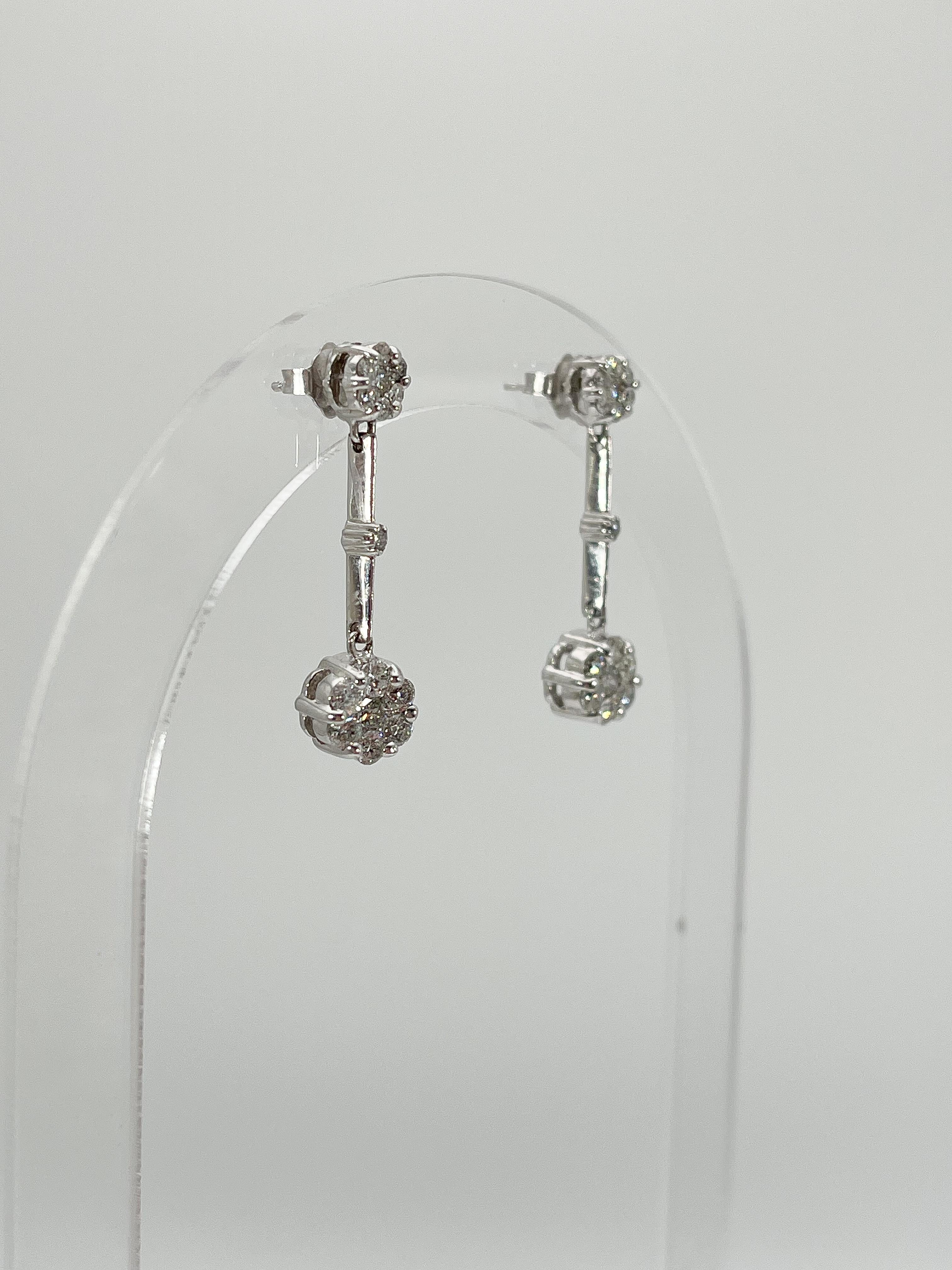 Round Cut 14K White Gold 1 CTW Diamond Drop Cluster Earrings  For Sale