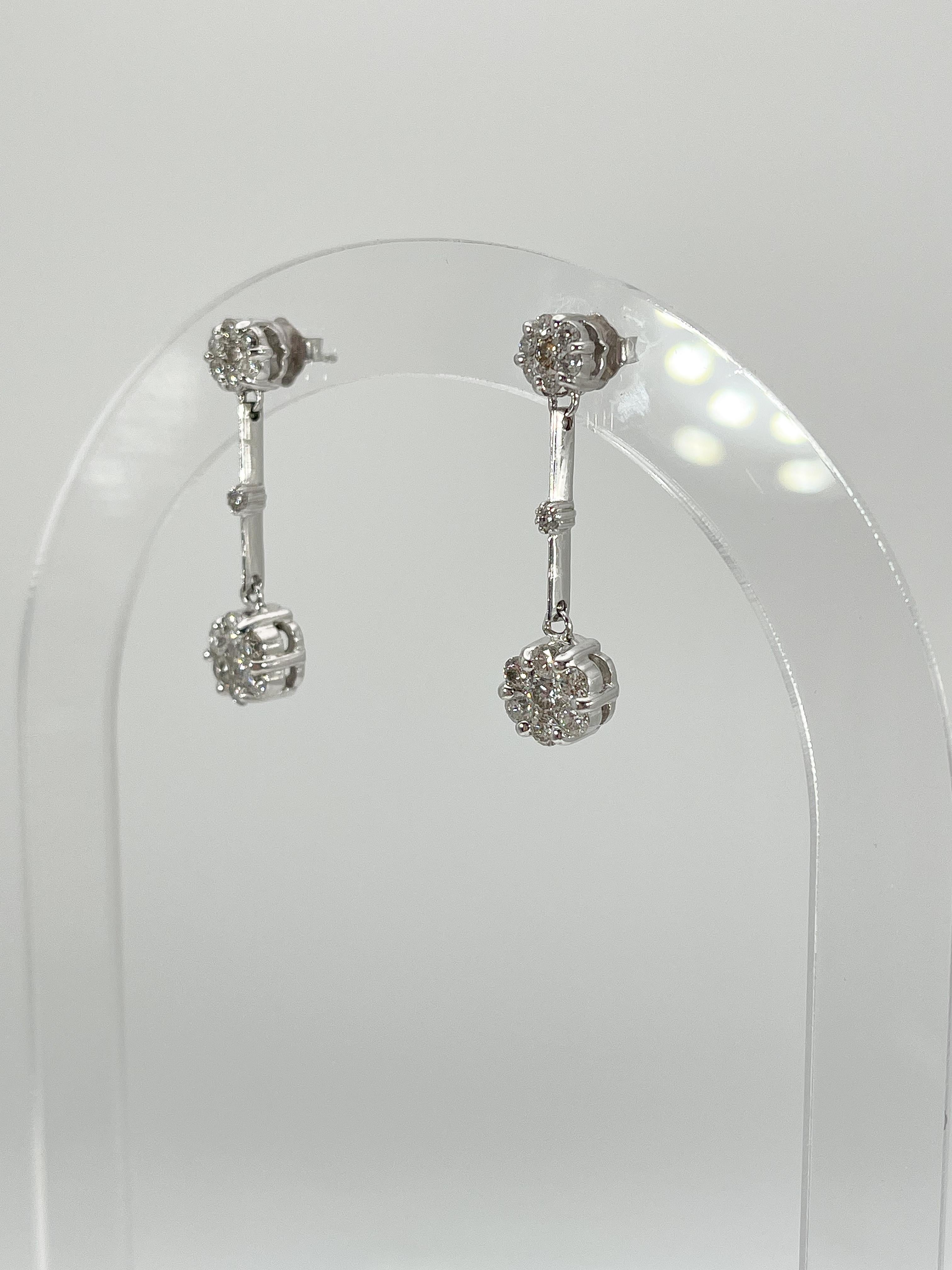 14K White Gold 1 CTW Diamond Drop Cluster Earrings  In Excellent Condition For Sale In Stuart, FL