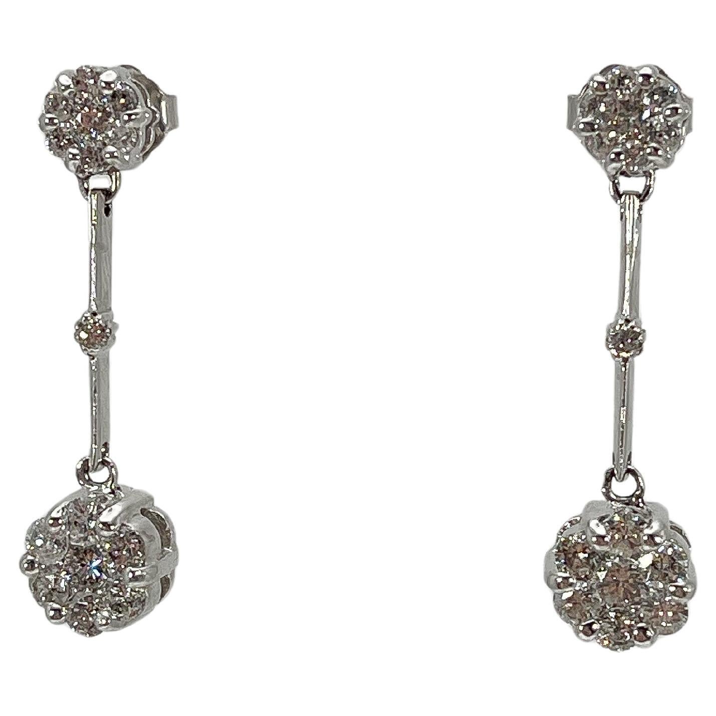 14K White Gold 1 CTW Diamond Drop Cluster Earrings  For Sale