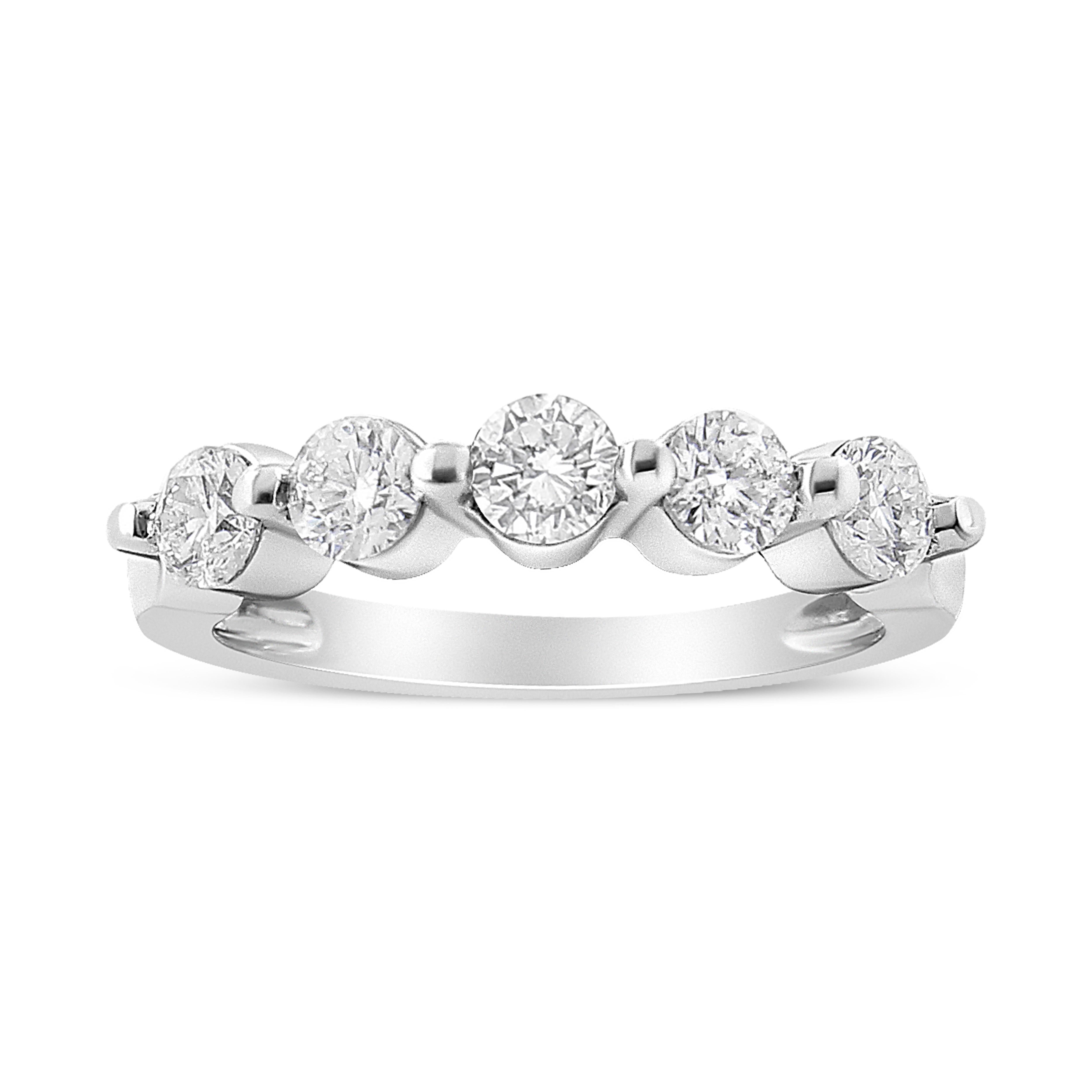 14K White Gold 1.0 Carat Brilliant Round Cut Diamond 5-Stone Band Ring For Sale