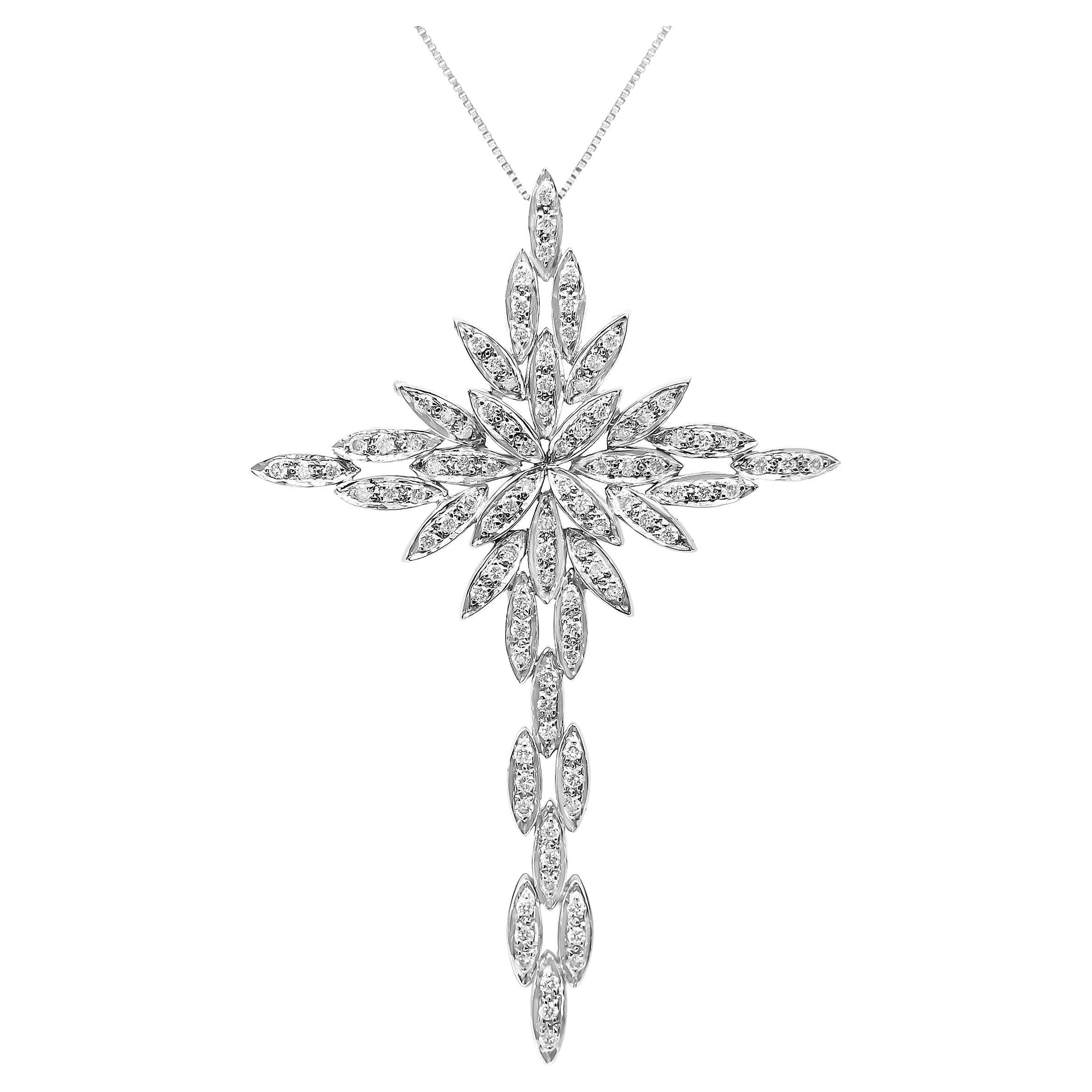14K White Gold 1.0 Carat Cocktail Cluster Cross Pendant Necklace For Sale
