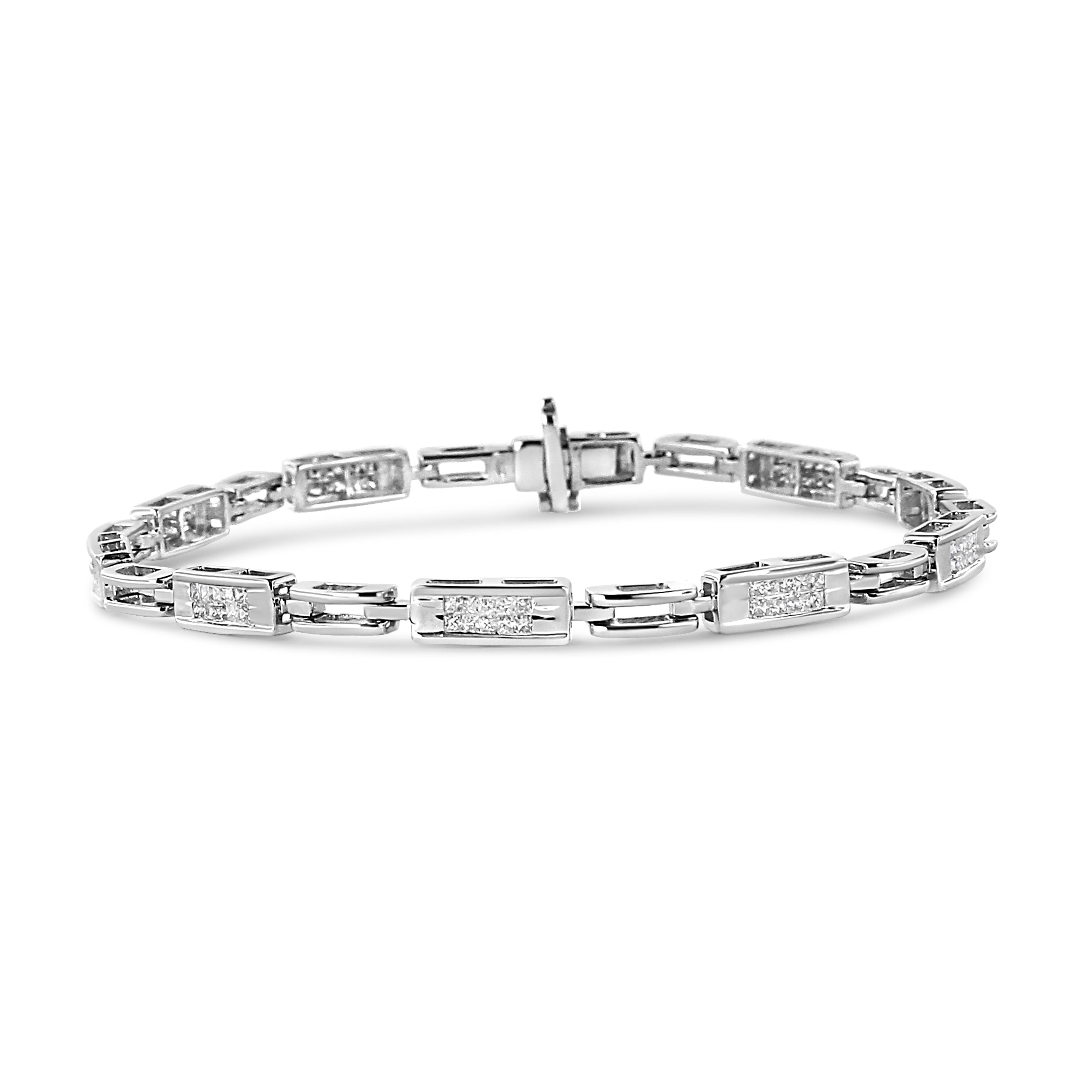 14K White Gold 1.0 Carat Diamond Alternating Station and Link Tennis Bracelet In New Condition For Sale In New York, NY