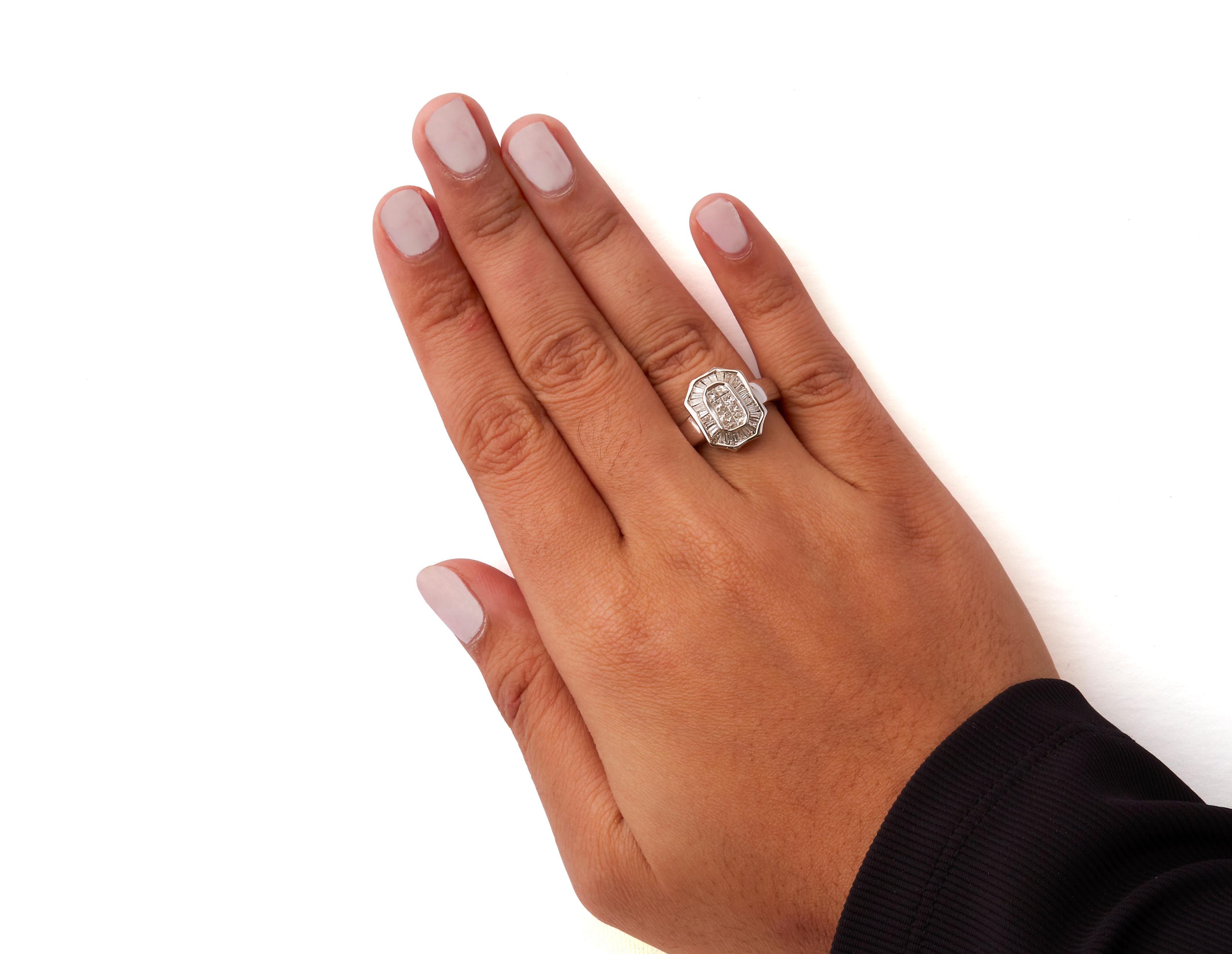 Baguette Cut 14K White Gold 1.0 Carat Diamond Art Deco Style Cocktail Ring For Sale