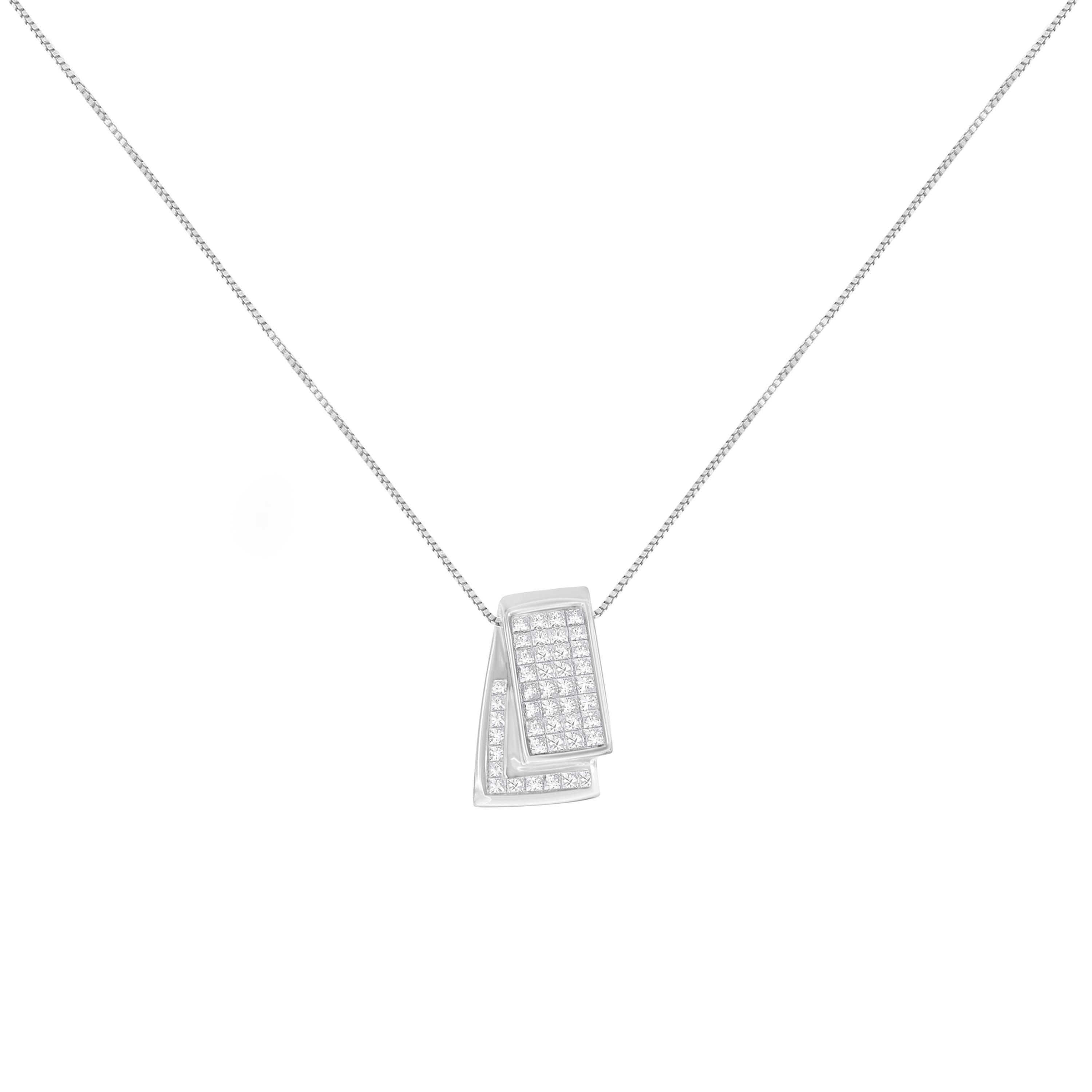 Hanging from a delicate 18 inch box chain, this necklace is a 14k white gold pendant. With a unique folded design, the pendant is inlaid with princess cut diamonds that perfectly catch the light and make it sparkle. These natural diamonds are color