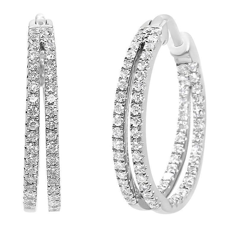 14K White Gold 1.0 Carat Diamond Double Row Split Criss Cross Hoop Earrings