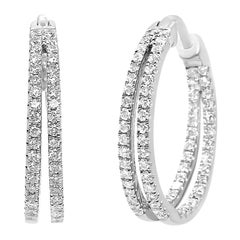 14K White Gold 1.0 Carat Diamond Double Row Split Criss Cross Hoop Earrings