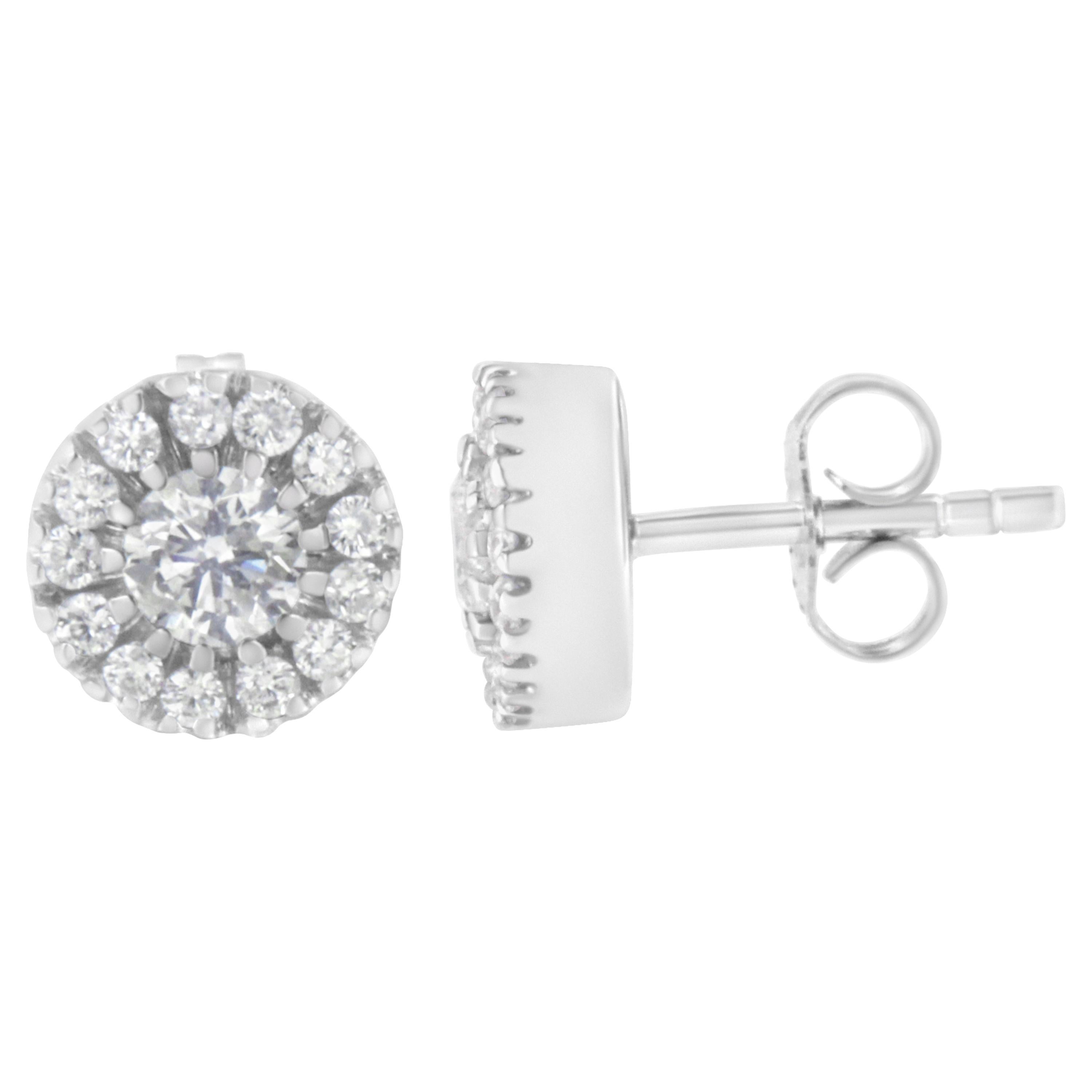 14K White Gold 1.0 Carat Diamond Halo Stud Earrings For Sale