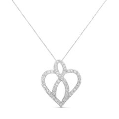14K White Gold 1.0 Carat Diamond Heart Ribbon Pendant Necklace